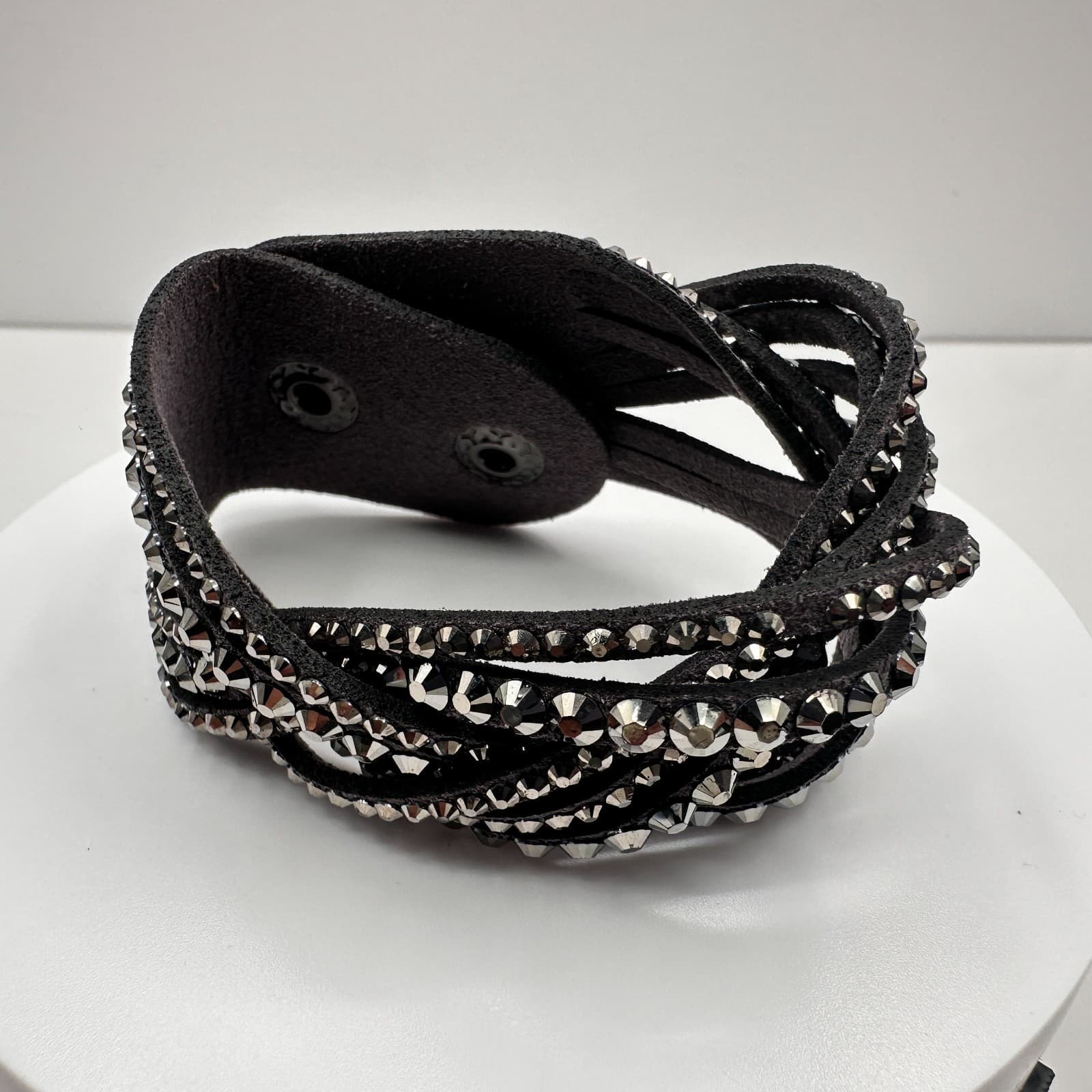 Vintage 90s Grey Suede Glass Cuff Bracelet Multi Strand Boho Studded Style - Thumbnail 2