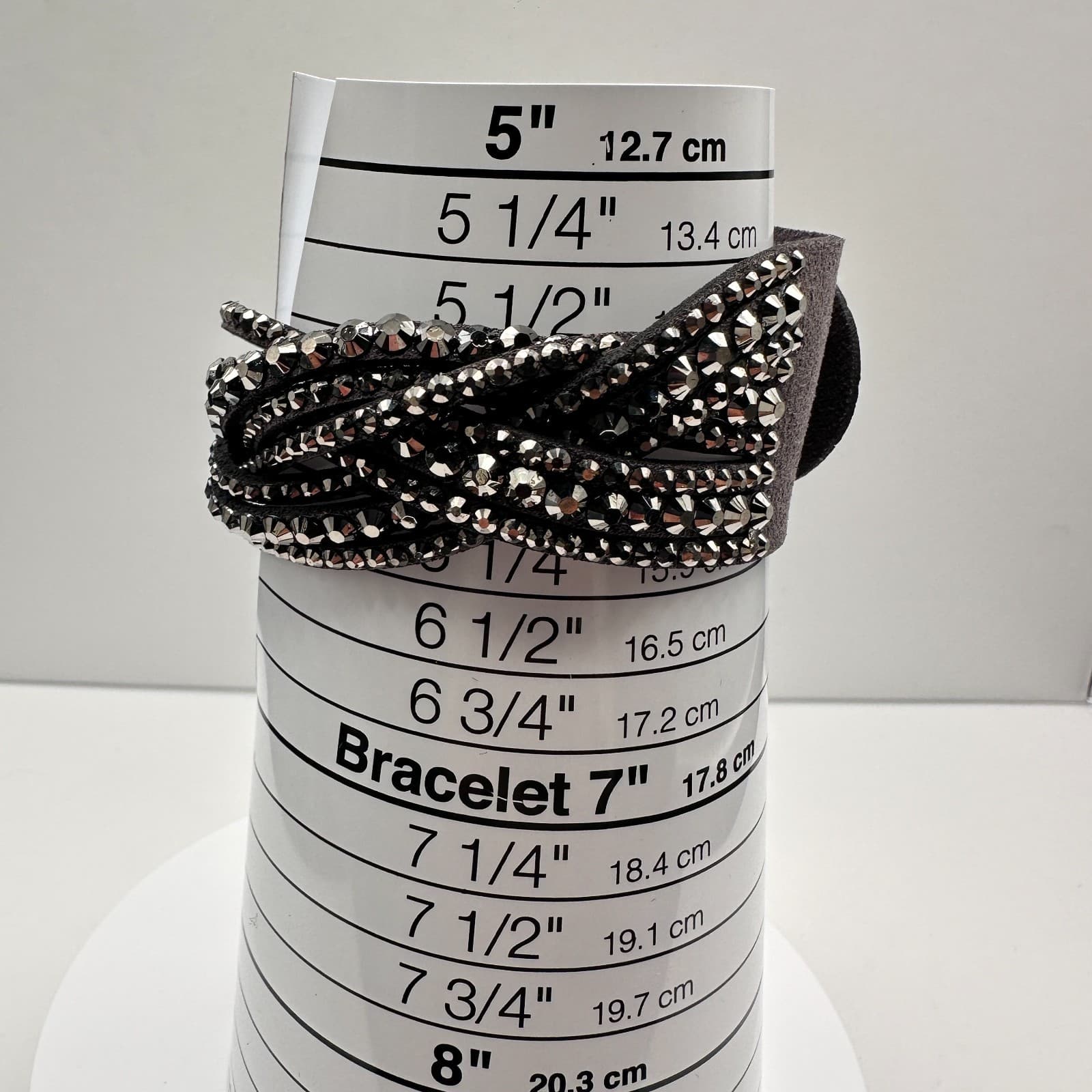 Vintage 90s Grey Suede Glass Cuff Bracelet Multi Strand Boho Studded Style - Thumbnail 8