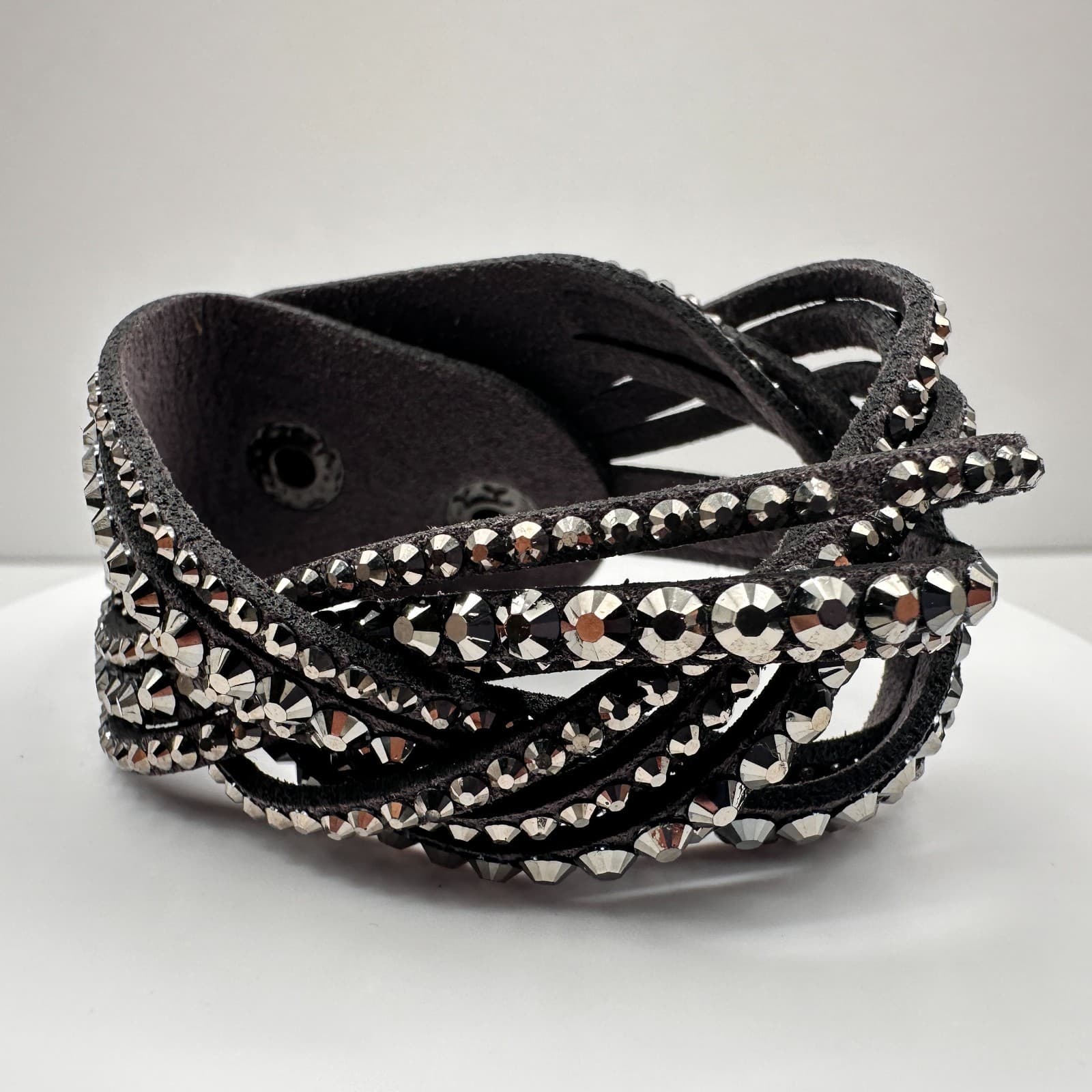 Vintage 90s Grey Suede Glass Cuff Bracelet Multi Strand Boho Studded Style - Image 1