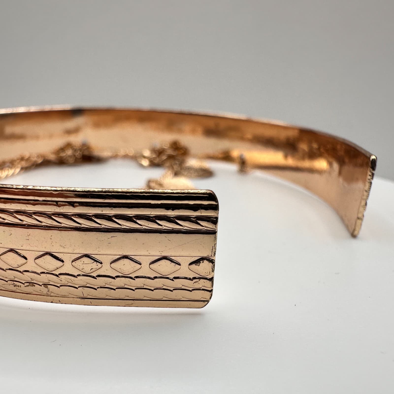 Vintage 90s Gold Tone Boho Tiered Coin Charm Cuff Bracelet Etched Statement - Thumbnail 8