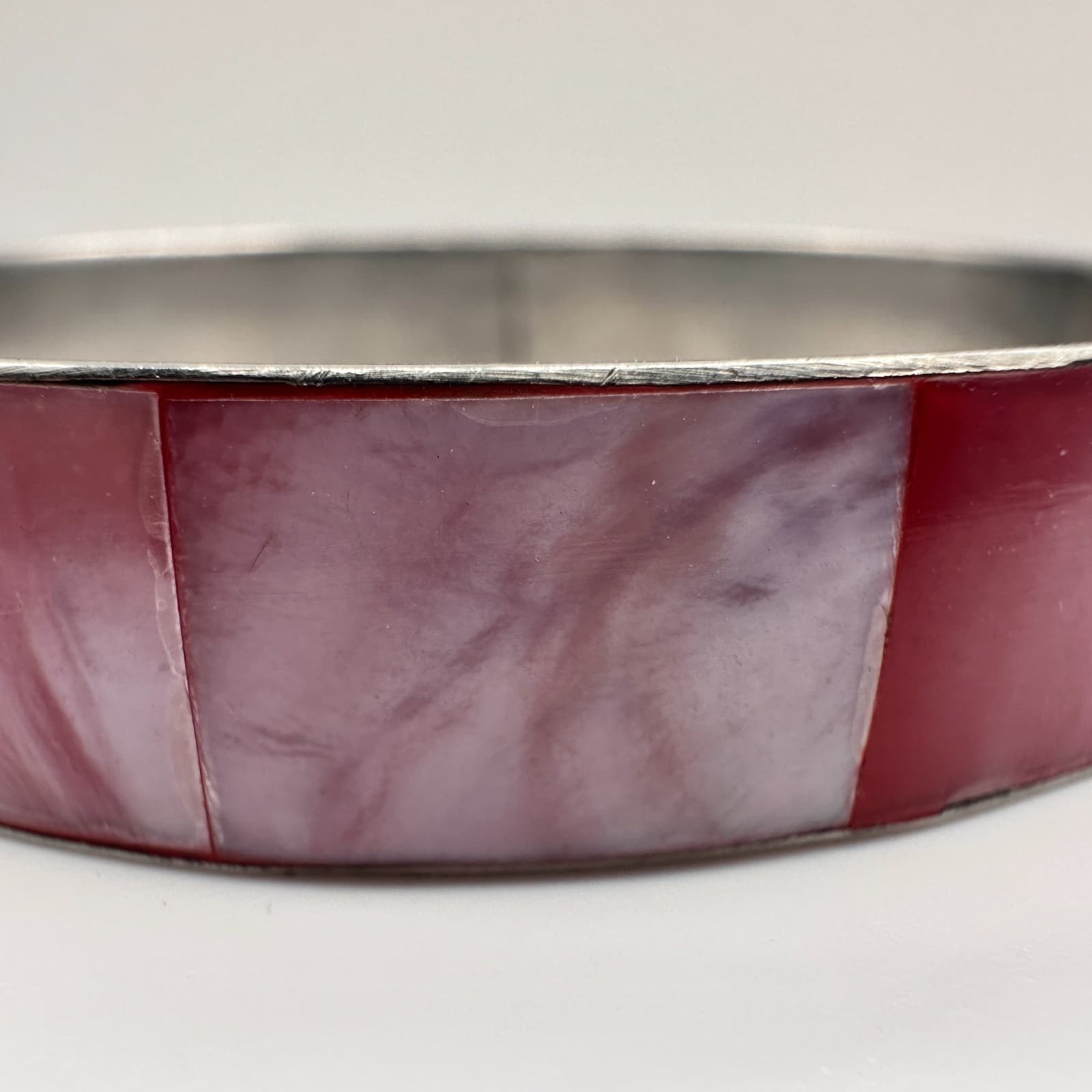 Vintage 80s Pink Mother of Pearl Inlay Bangle Bracelet Silver Tone Boho Retro - Thumbnail 4