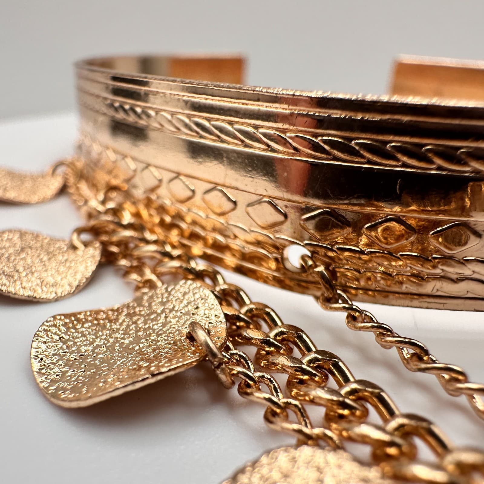 Vintage 90s Gold Tone Boho Tiered Coin Charm Cuff Bracelet Etched Statement - Thumbnail 3