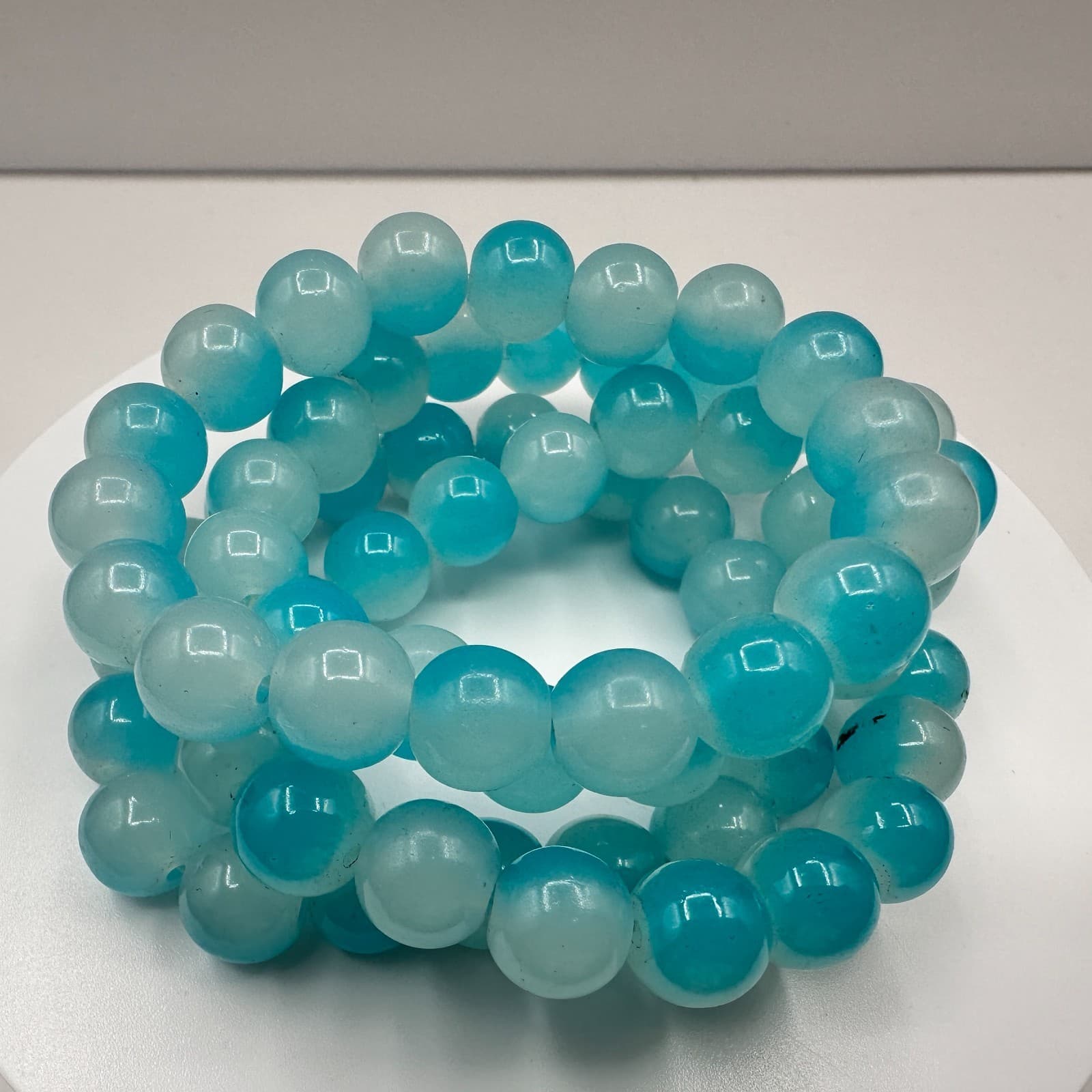 Vintage 90s Blue Aqua Quartz Glass Bead Stretch Bracelet Boho Stackable Fashion - Thumbnail 6