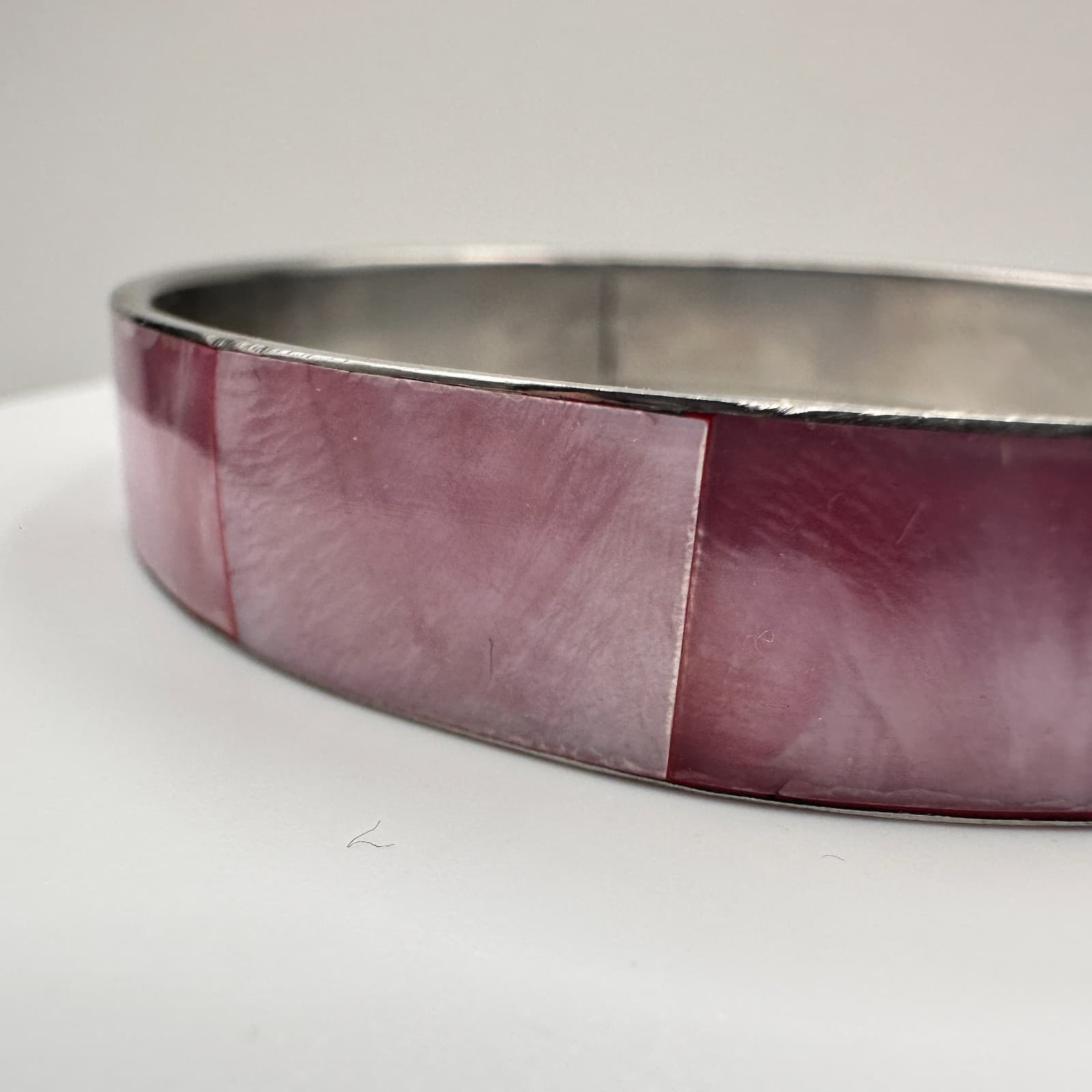 Vintage 80s Pink Mother of Pearl Inlay Bangle Bracelet Silver Tone Boho Retro - Thumbnail 2