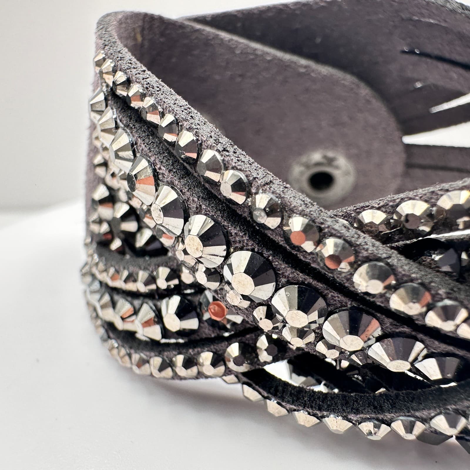 Vintage 90s Grey Suede Glass Cuff Bracelet Multi Strand Boho Studded Style - Thumbnail 3