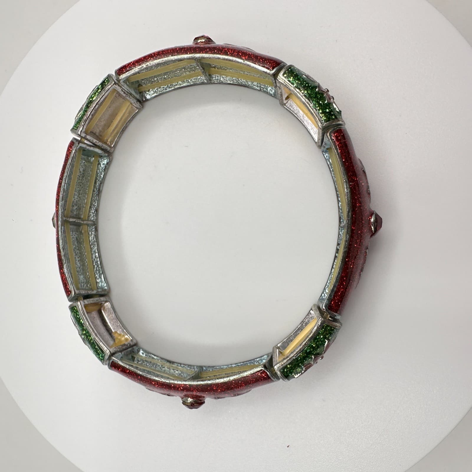 Vintage 90s Christmas Poinsettia Stretch Bracelet Red Green Glitter Enamel - Thumbnail 5