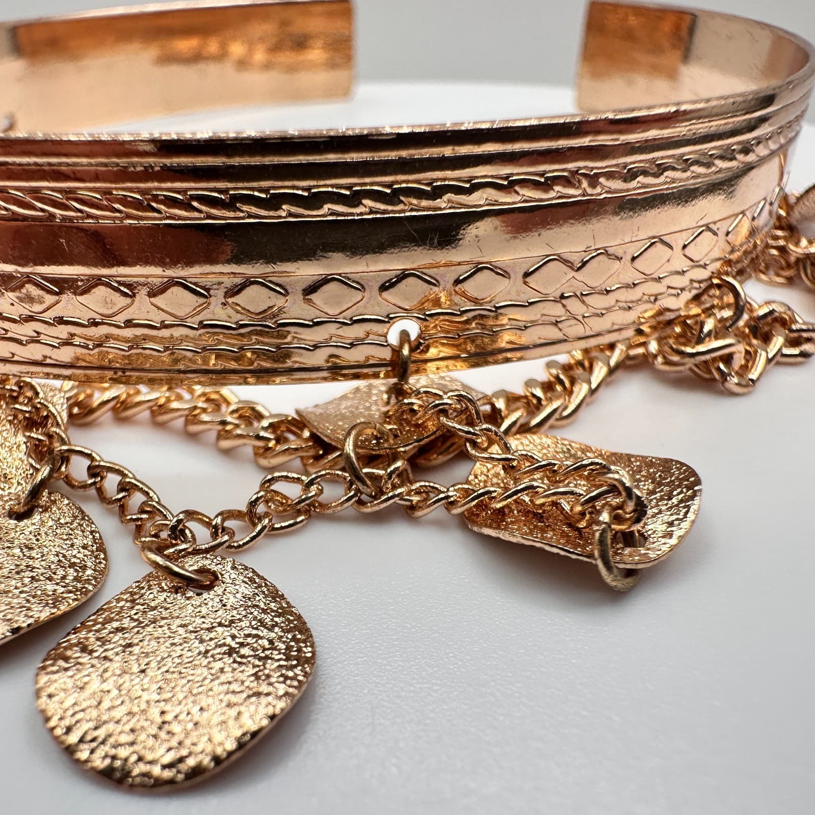 Vintage 90s Gold Tone Boho Tiered Coin Charm Cuff Bracelet Etched Statement - Thumbnail 6