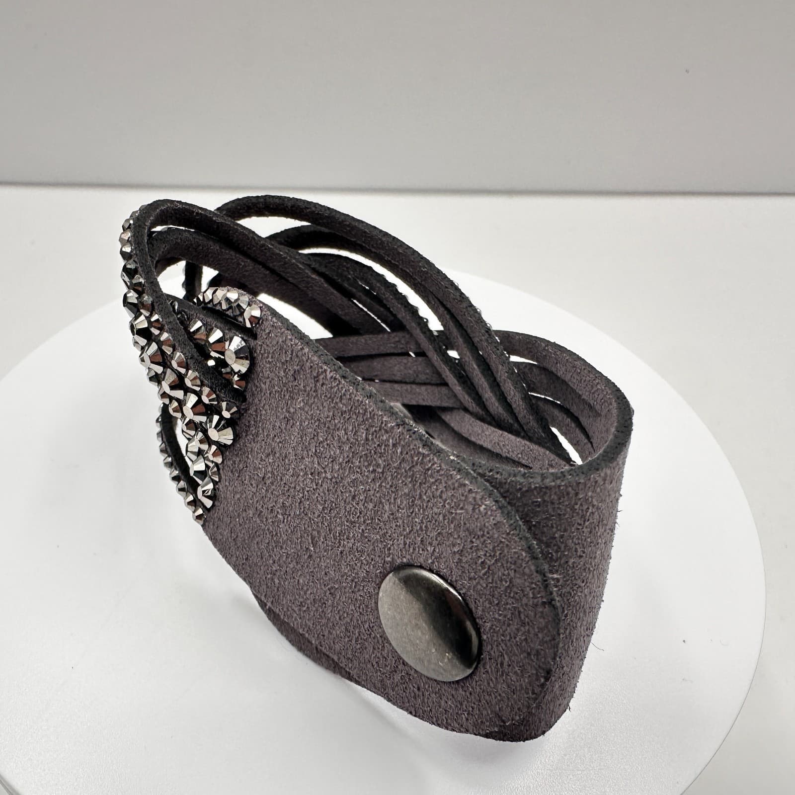 Vintage 90s Grey Suede Glass Cuff Bracelet Multi Strand Boho Studded Style - Thumbnail 7