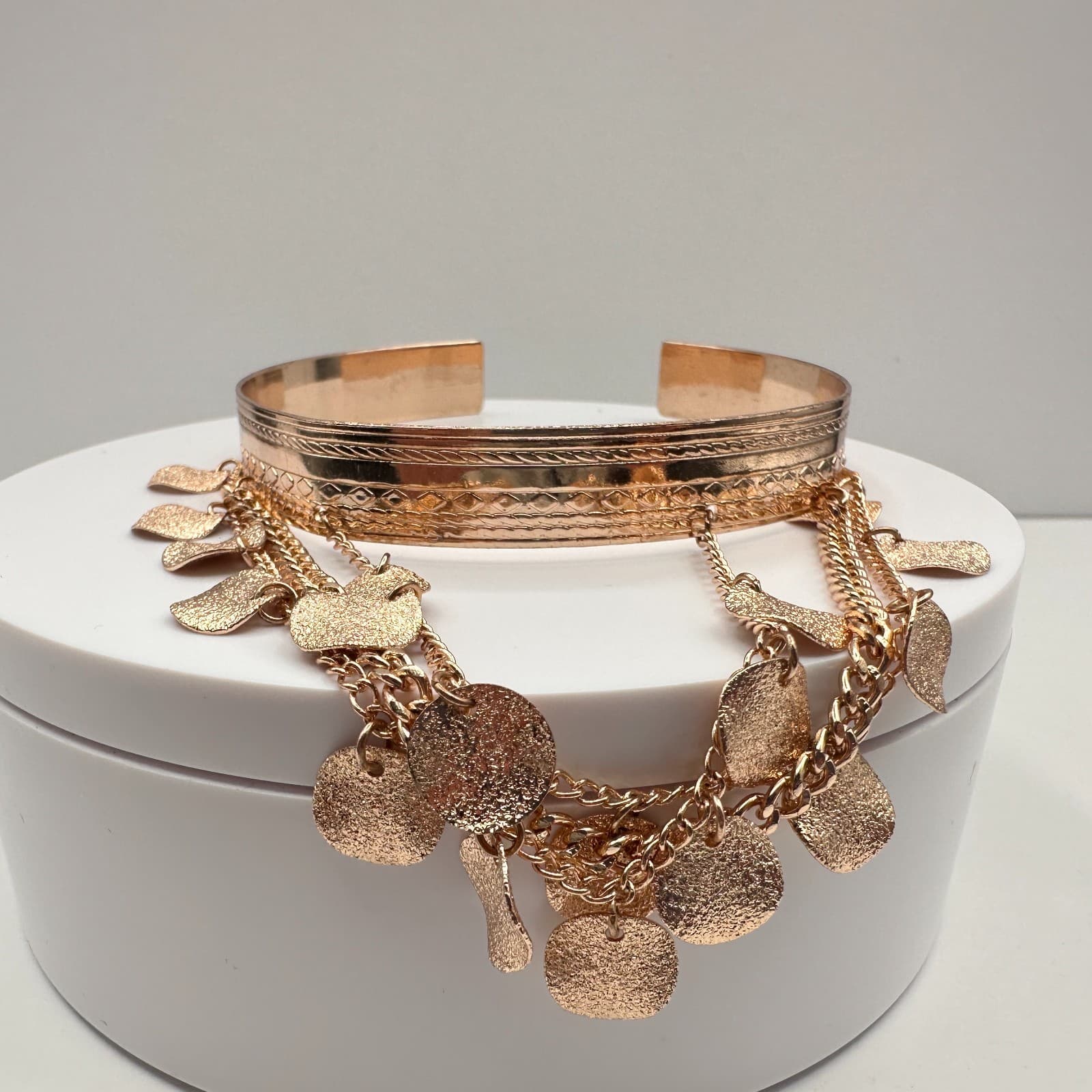 Vintage 90s Gold Tone Boho Tiered Coin Charm Cuff Bracelet Etched Statement - Image 1