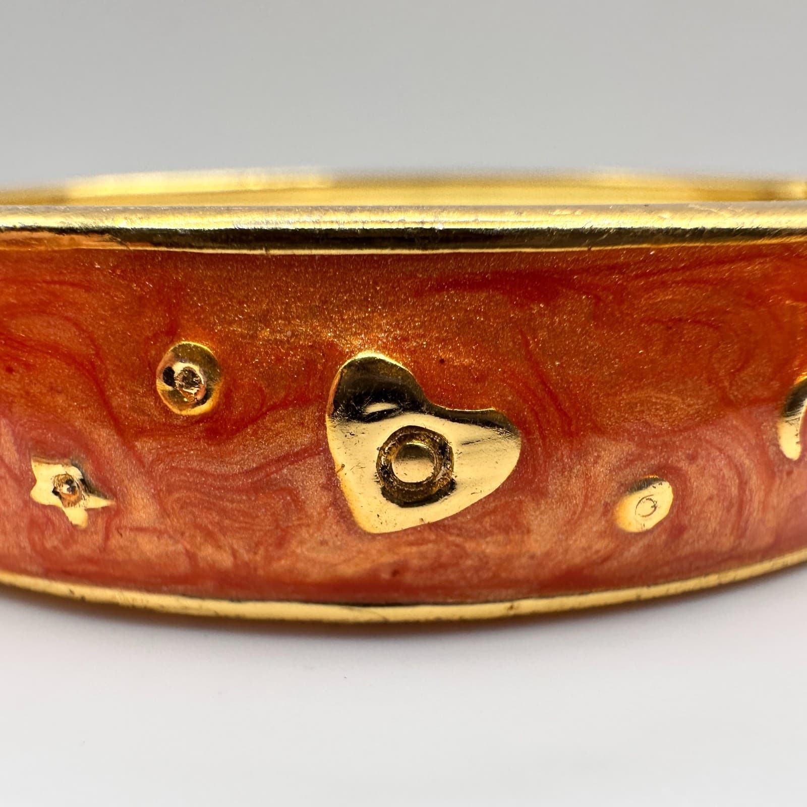 Vintage 90s Celestial Bangle Bracelet Gold Tone Orange Enamel Moon Star Heart - Thumbnail 6
