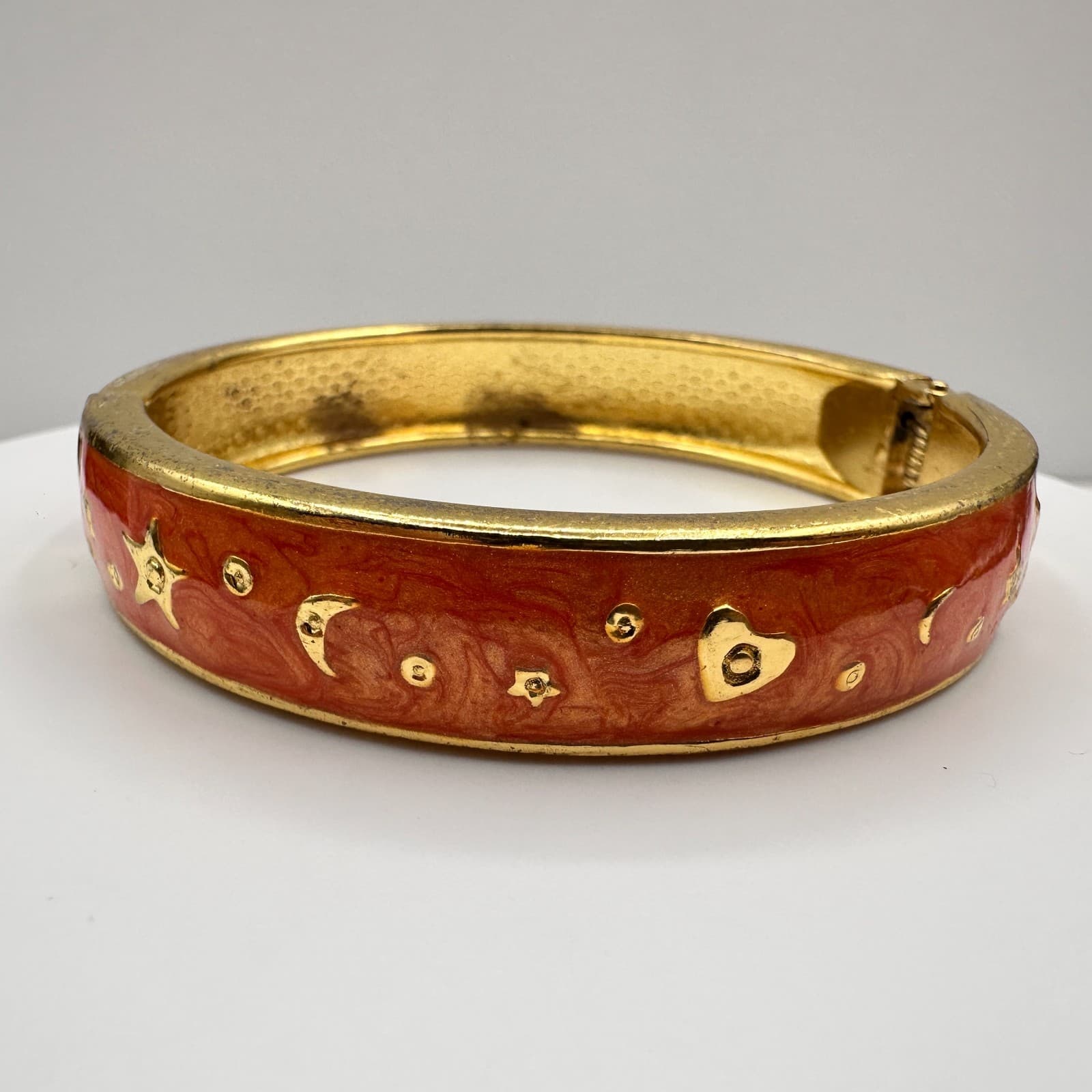 Vintage 90s Celestial Bangle Bracelet Gold Tone Orange Enamel Moon Star Heart - Image 1