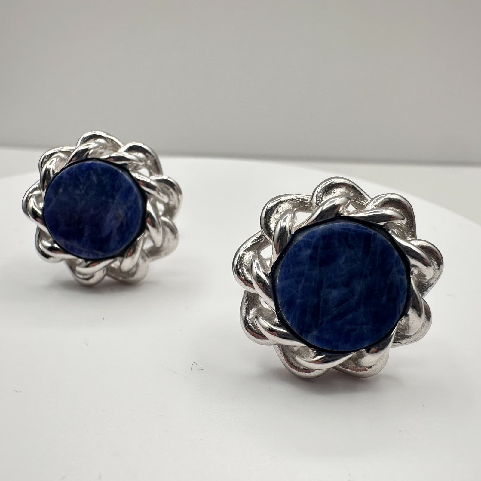 Vintage 90s Silver Tone Blue Stone Round Cufflinks Men's Classic Fashion Jewelry - Image 1