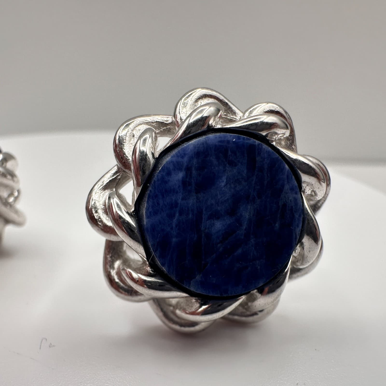 Vintage 90s Silver Tone Blue Stone Round Cufflinks Men's Classic Fashion Jewelry - Thumbnail 5