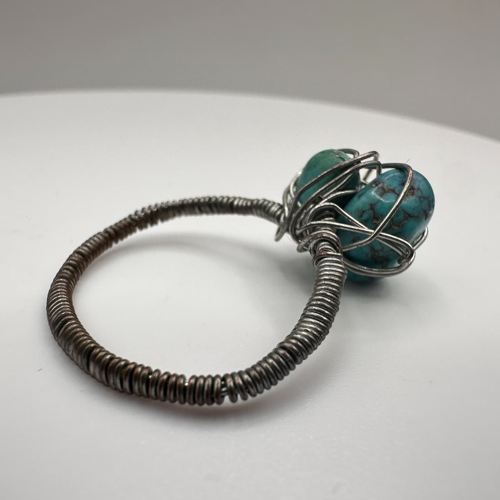 Vintage 90s Boho Silver Tone Wire Wrapped Turquoise Ring Women's Classic Jewelry - Thumbnail 4