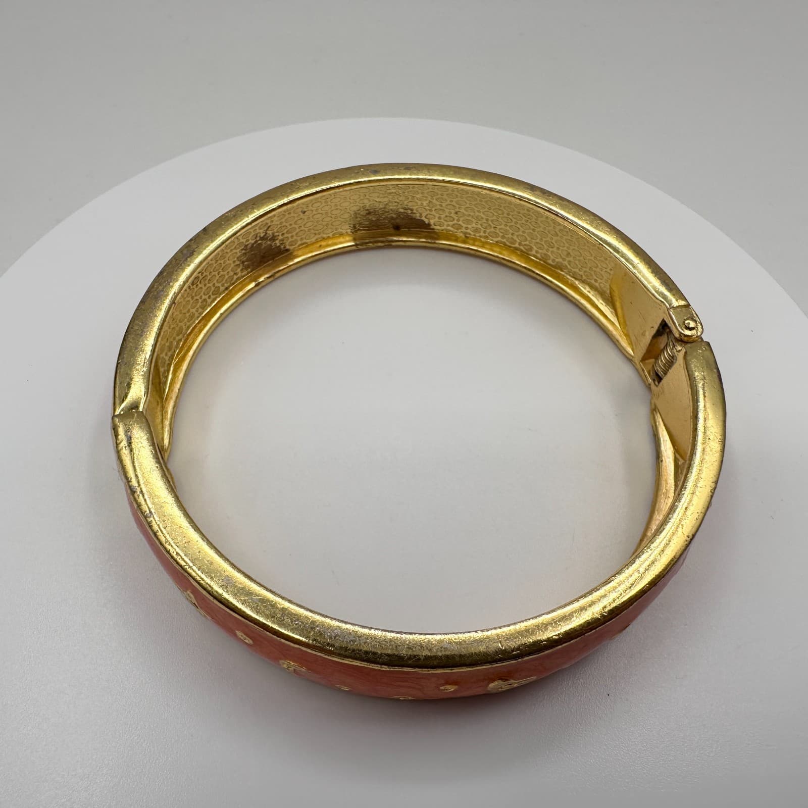 Vintage 90s Celestial Bangle Bracelet Gold Tone Orange Enamel Moon Star Heart - Thumbnail 5