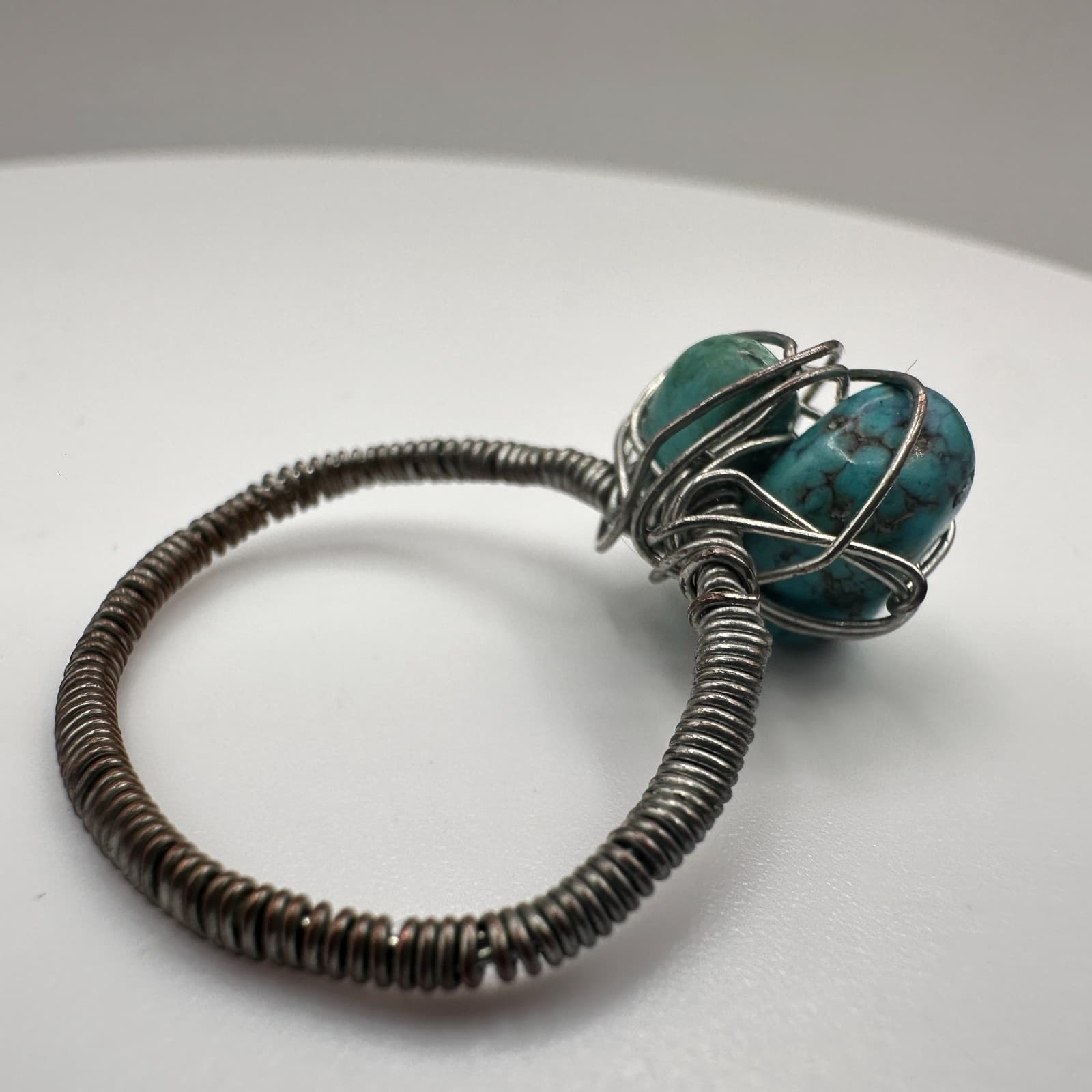 Vintage 90s Boho Silver Tone Wire Wrapped Turquoise Ring Women's Classic Jewelry - Thumbnail 5