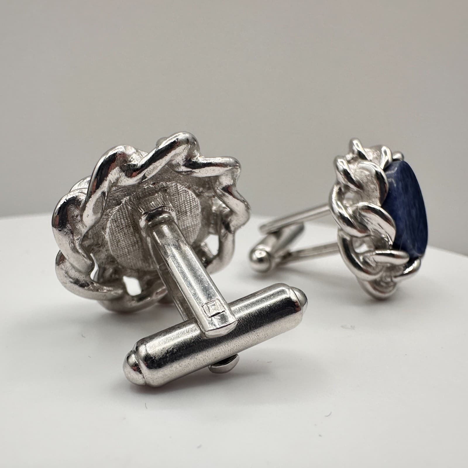 Vintage 90s Silver Tone Blue Stone Round Cufflinks Men's Classic Fashion Jewelry - Thumbnail 3