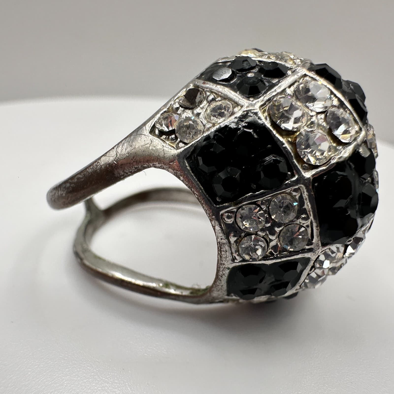 Vintage 90s Checkerboard Dome Ring Silver Tone Black Clear Rhinestone Jewelry - Thumbnail 3