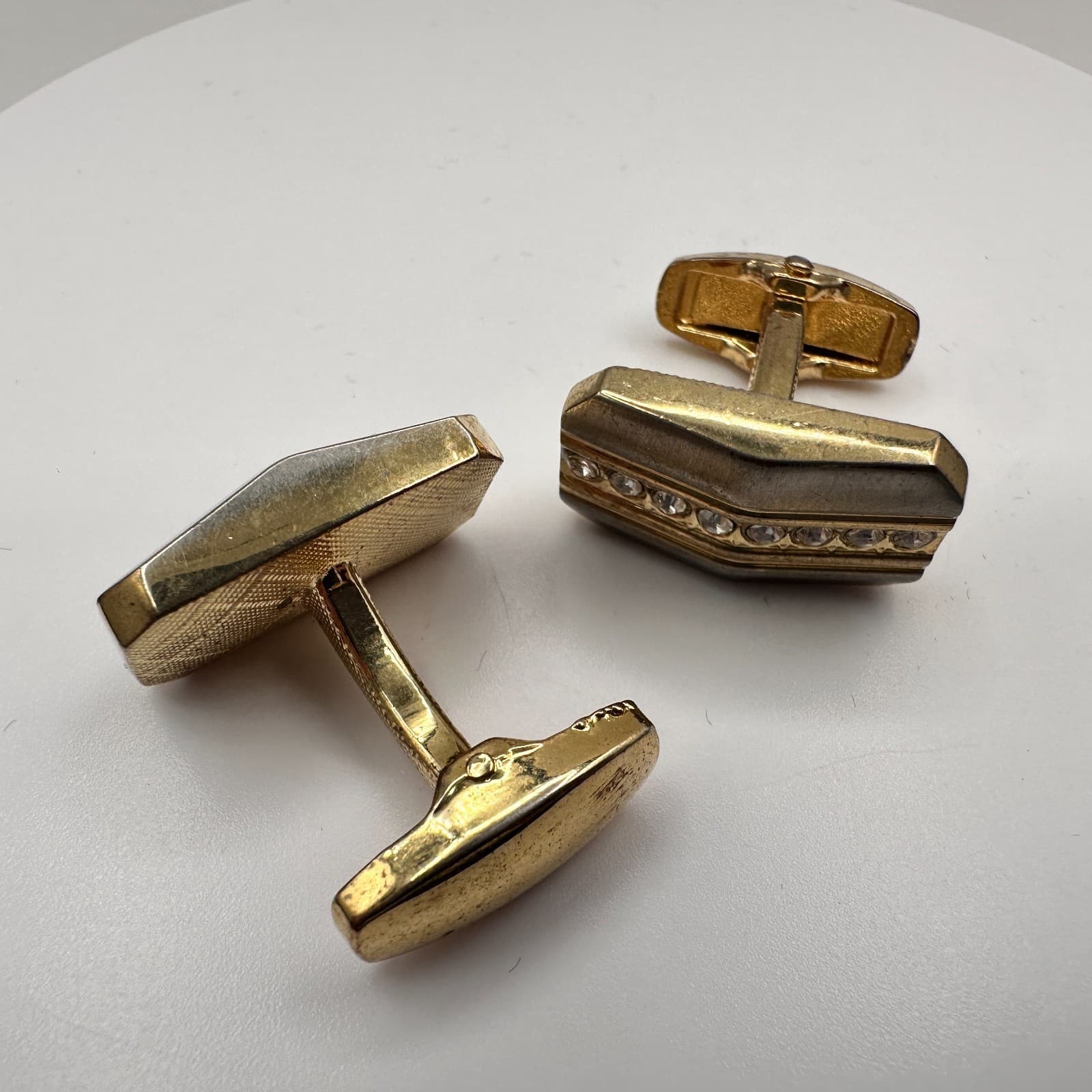Vintage 90s Gold Tone Glass Rhinestone Cufflinks Men's Classic Fashion Jewelry - Thumbnail 4