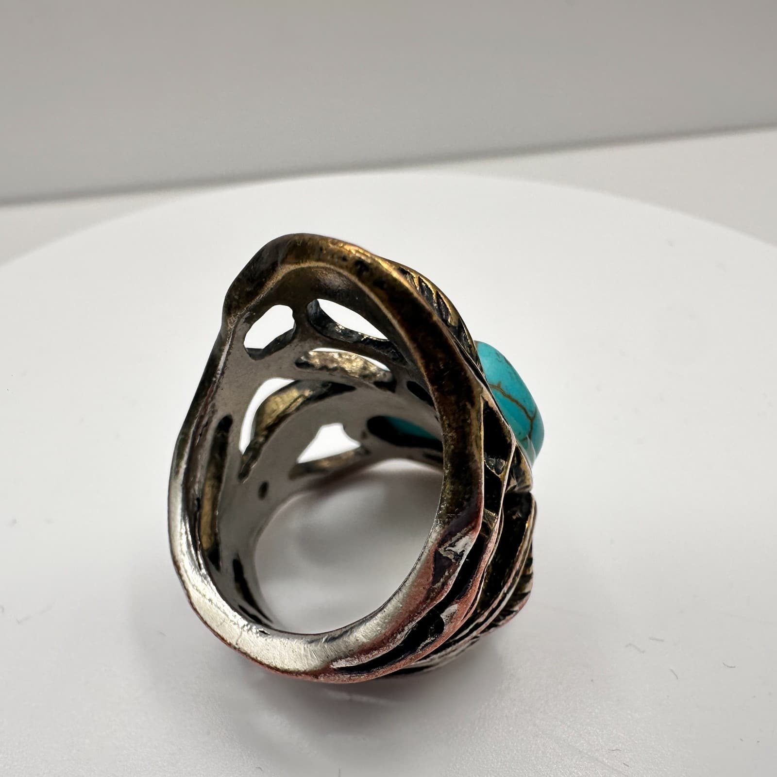 Vintage 90s Southwest Style Statement Ring Blue Faux Turquoise Silver Tone - Thumbnail 4