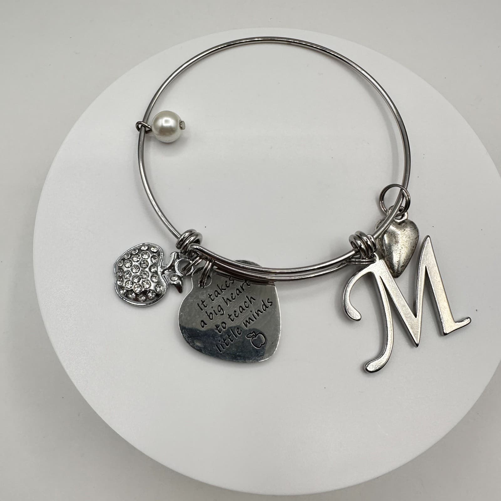 Vintage 90s Silver Tone Teacher Bangle Bracelet Apple Heart Initial M Charm - Image 1