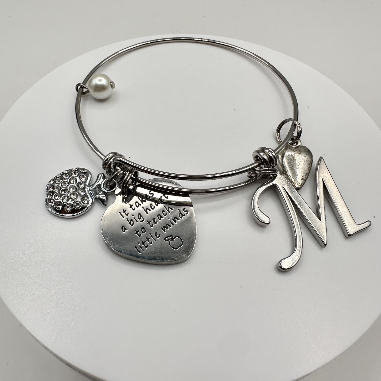 Vintage 90s Silver Tone Teacher Bangle Bracelet Apple Heart Initial M Charm - Thumbnail 2