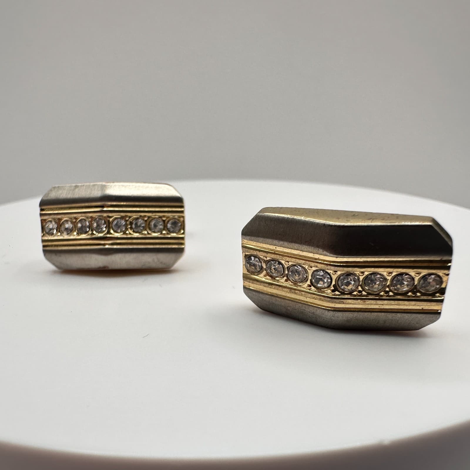 Vintage 90s Gold Tone Glass Rhinestone Cufflinks Men's Classic Fashion Jewelry - Thumbnail 6