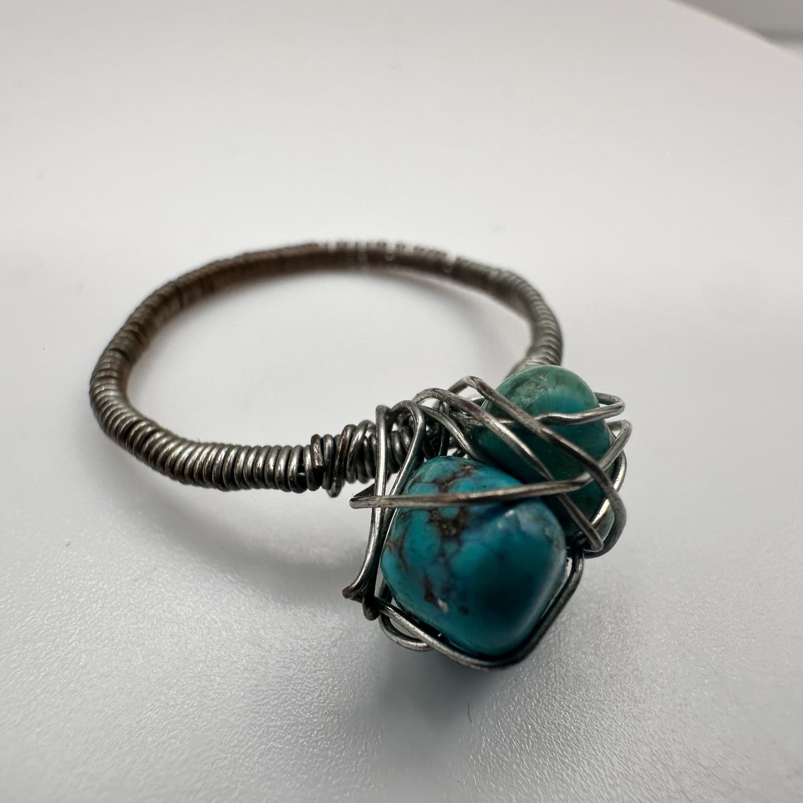 Vintage 90s Boho Silver Tone Wire Wrapped Turquoise Ring Women's Classic Jewelry - Thumbnail 3