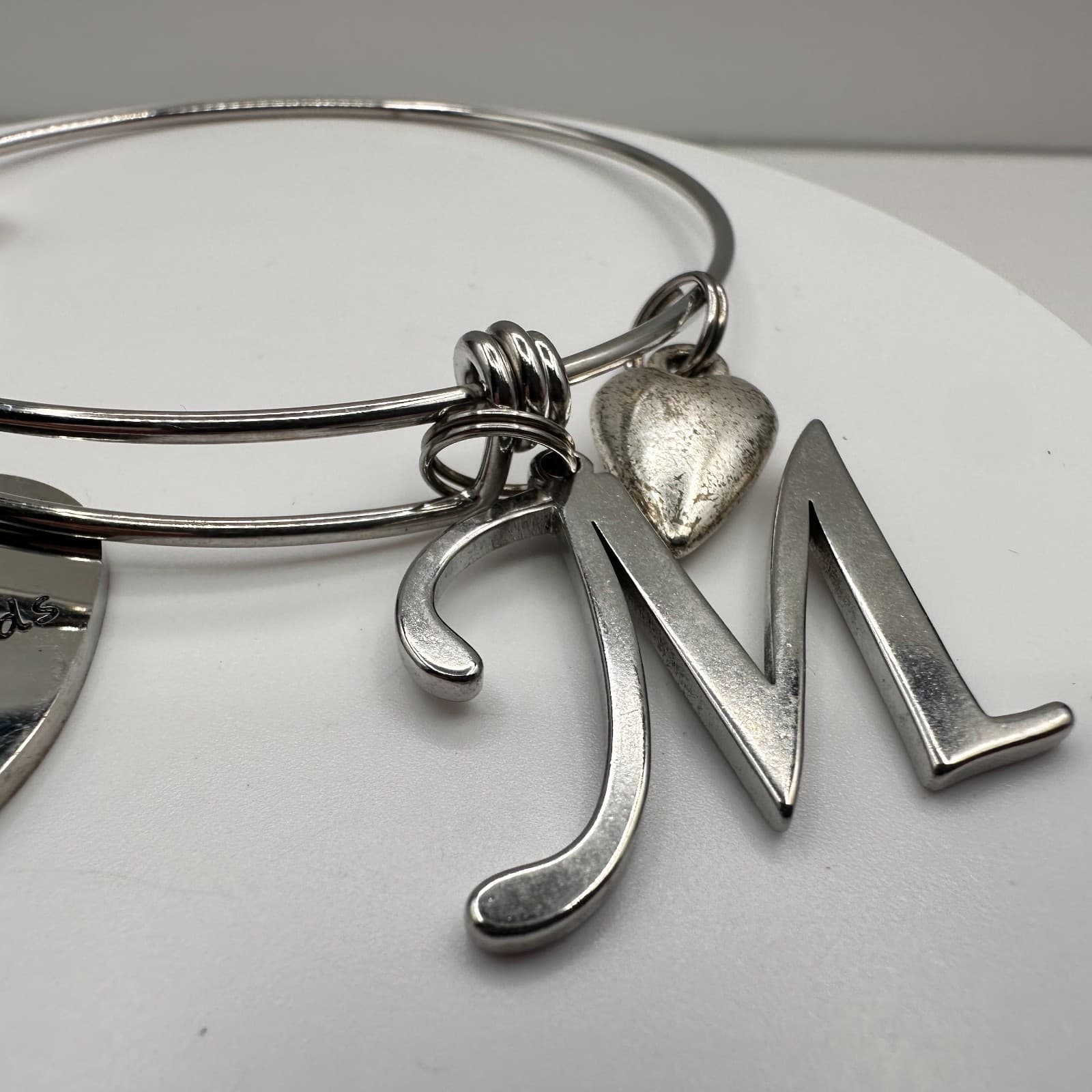 Vintage 90s Silver Tone Teacher Bangle Bracelet Apple Heart Initial M Charm - Thumbnail 4