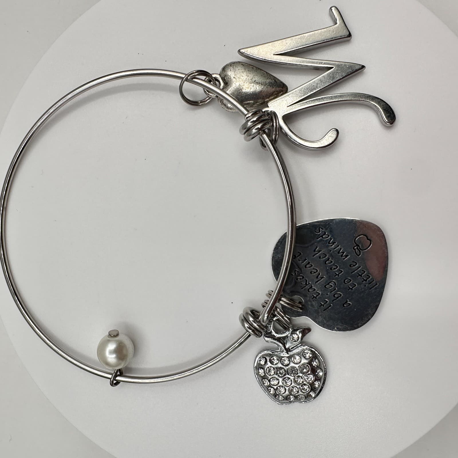 Vintage 90s Silver Tone Teacher Bangle Bracelet Apple Heart Initial M Charm - Thumbnail 6