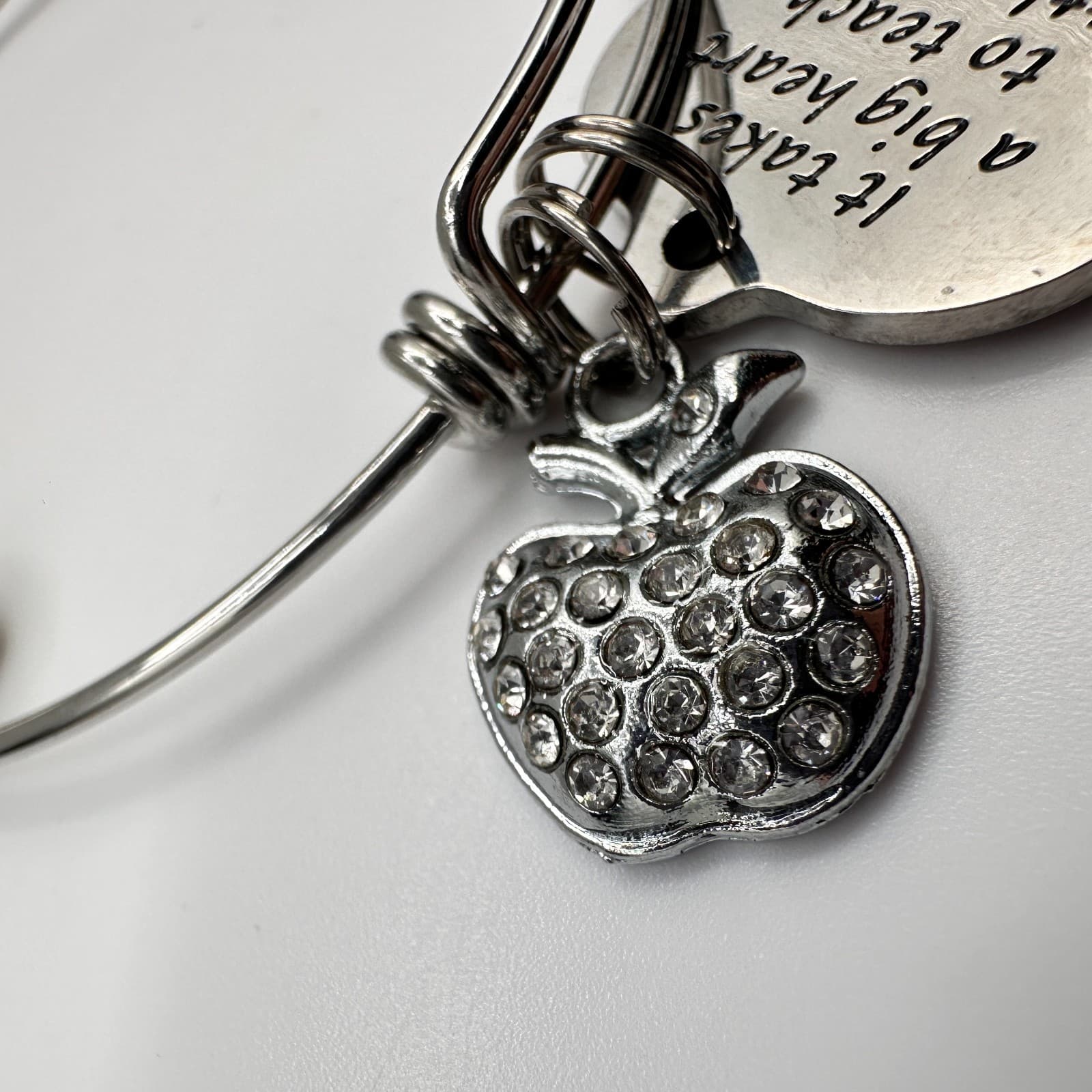 Vintage 90s Silver Tone Teacher Bangle Bracelet Apple Heart Initial M Charm - Thumbnail 7