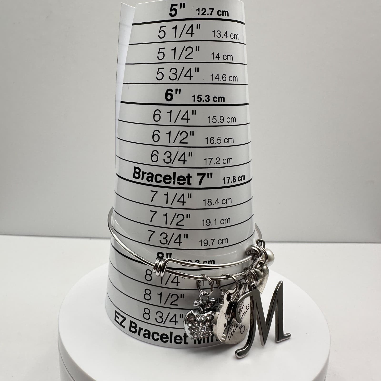 Vintage 90s Silver Tone Teacher Bangle Bracelet Apple Heart Initial M Charm - Thumbnail 8