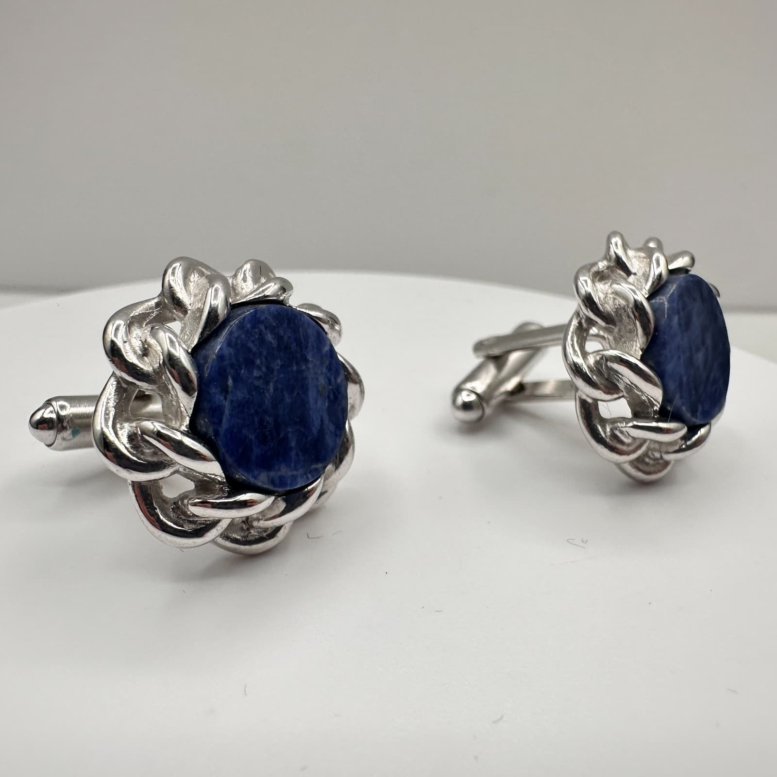 Vintage 90s Silver Tone Blue Stone Round Cufflinks Men's Classic Fashion Jewelry - Thumbnail 2