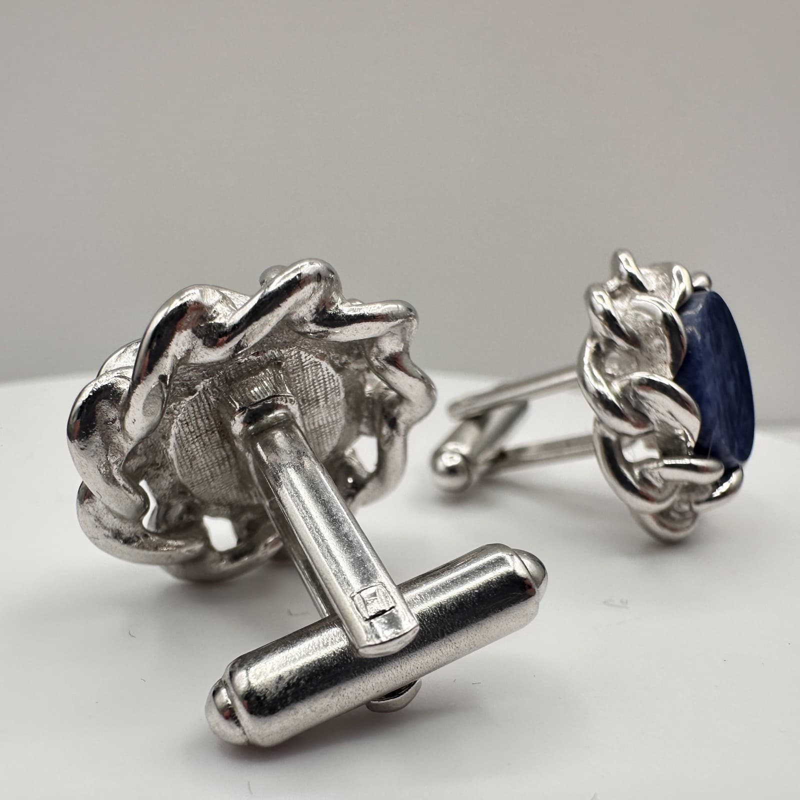 Vintage 90s Silver Tone Blue Stone Round Cufflinks Men's Classic Fashion Jewelry - Thumbnail 4