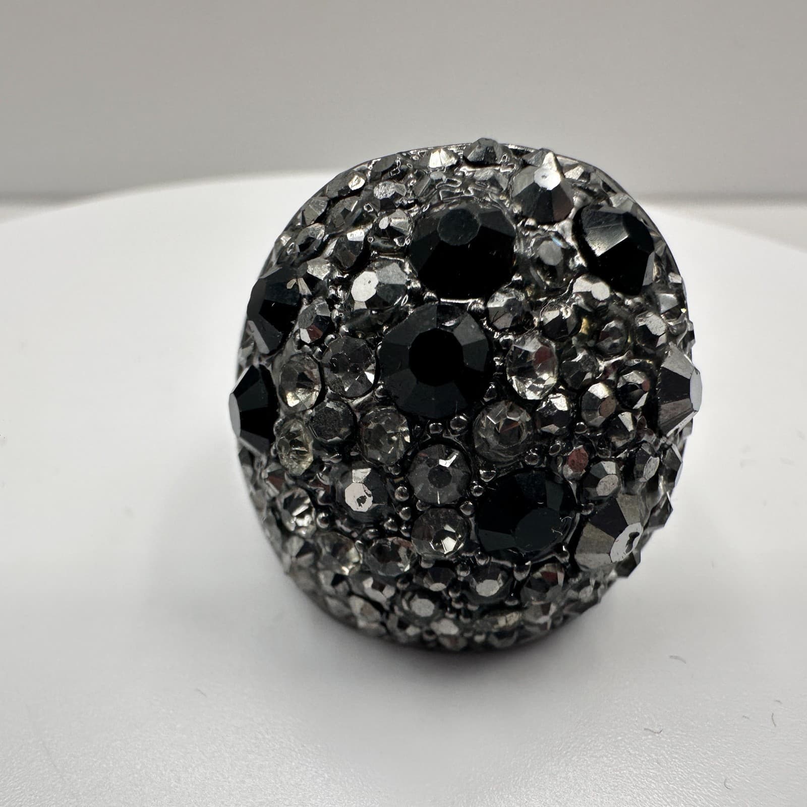 Vintage 90s Silver Tone Dome Ring Black Rhinestone Statement Women's Jewelry - Image 1