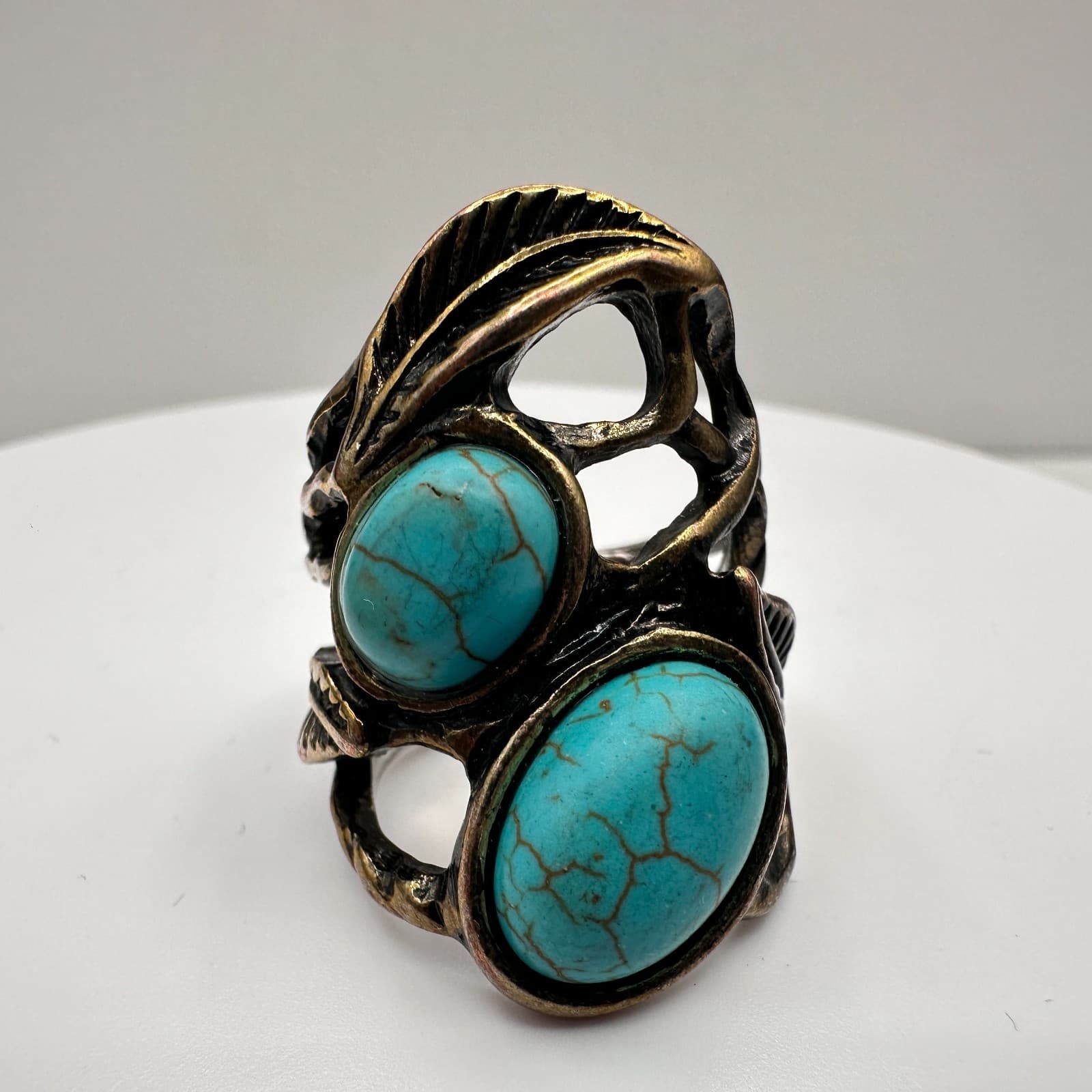 Vintage 90s Southwest Style Statement Ring Blue Faux Turquoise Silver Tone - Image 1