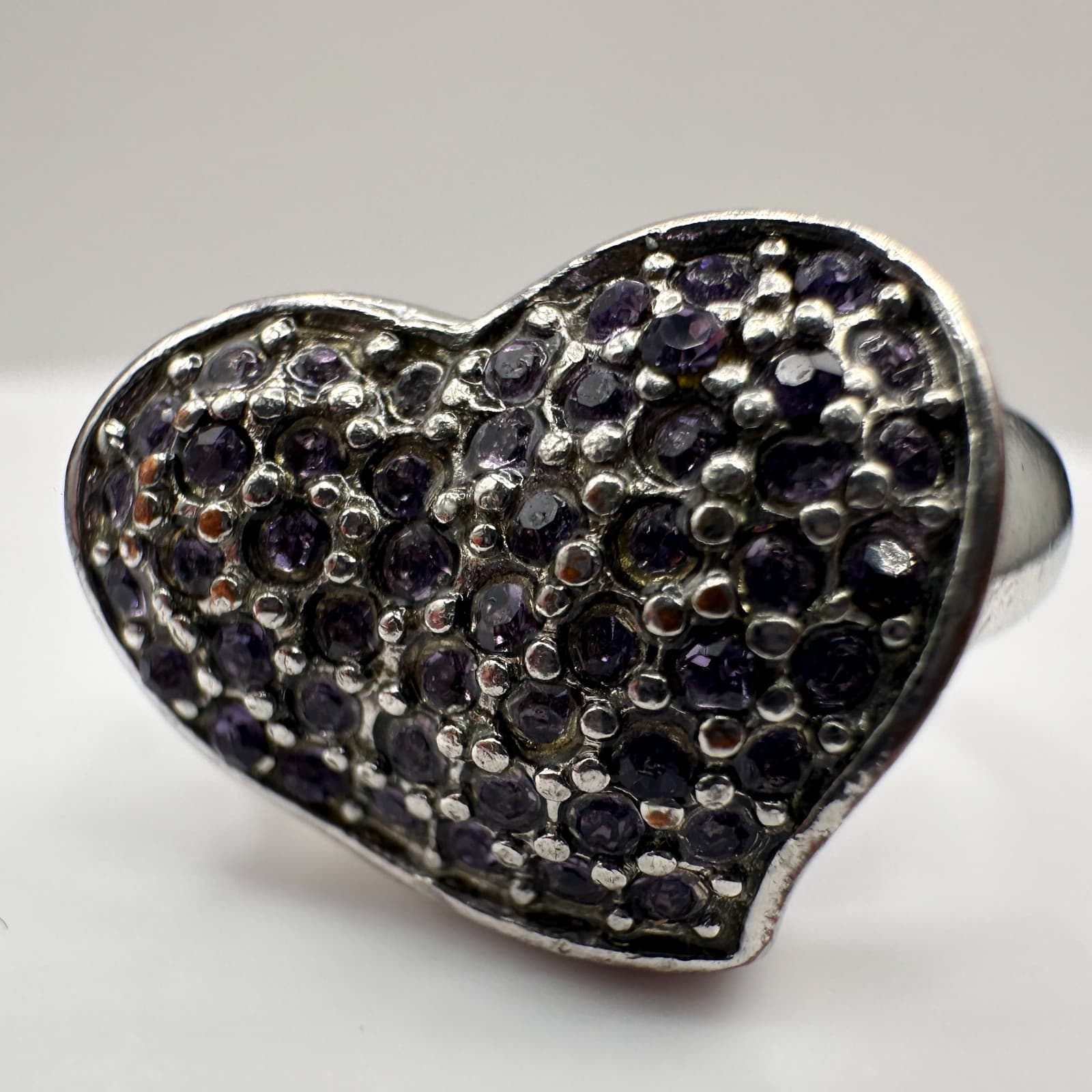 Vintrage 90s Purple Glass Heart Ring Silver Tone Statement Fashion Jewelry - Thumbnail 6