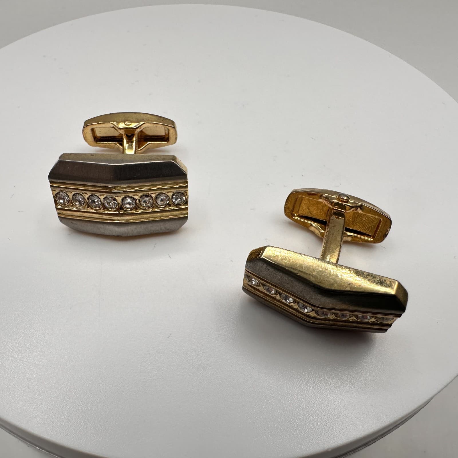 Vintage 90s Gold Tone Glass Rhinestone Cufflinks Men's Classic Fashion Jewelry - Thumbnail 7