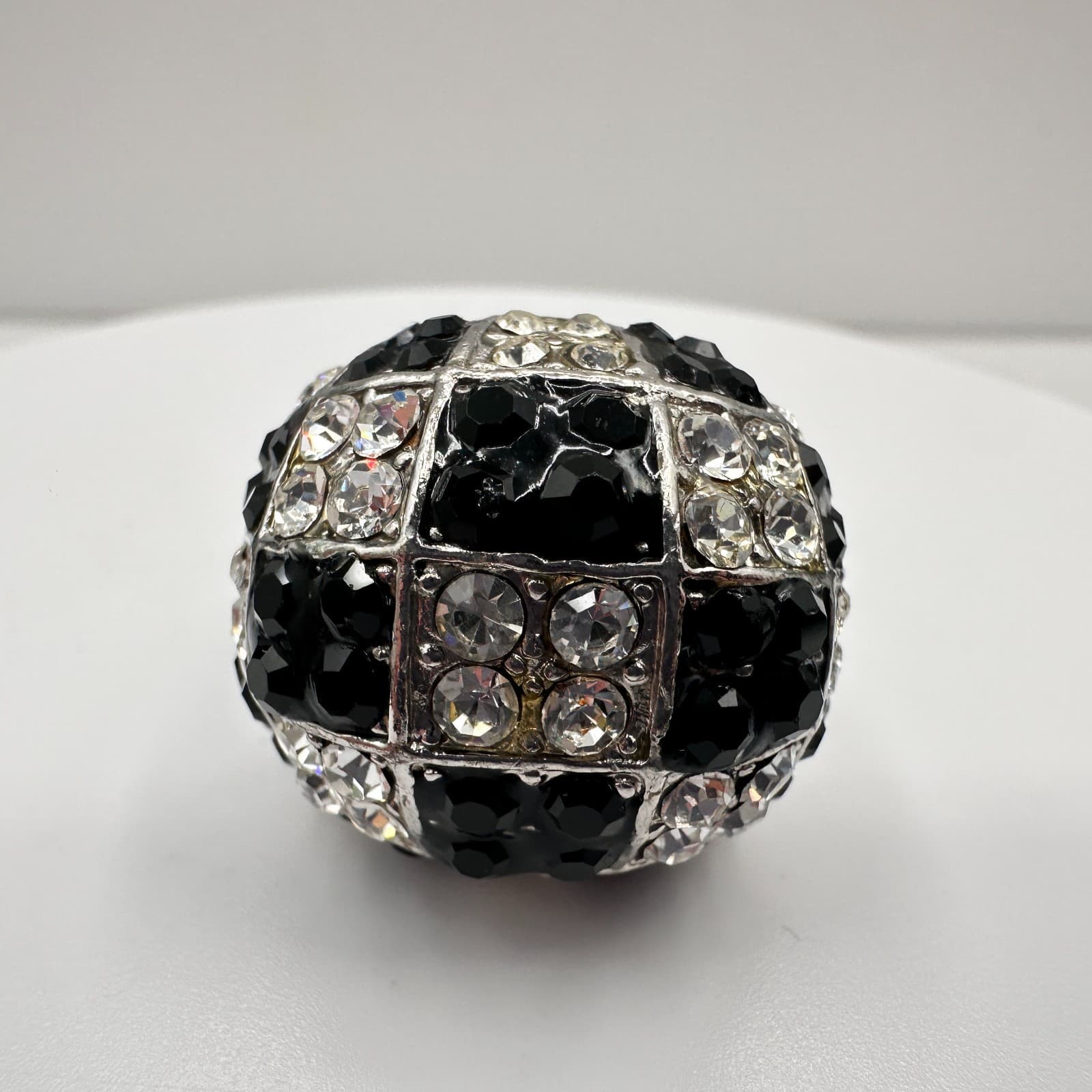 Vintage 90s Checkerboard Dome Ring Silver Tone Black Clear Rhinestone Jewelry - Image 1