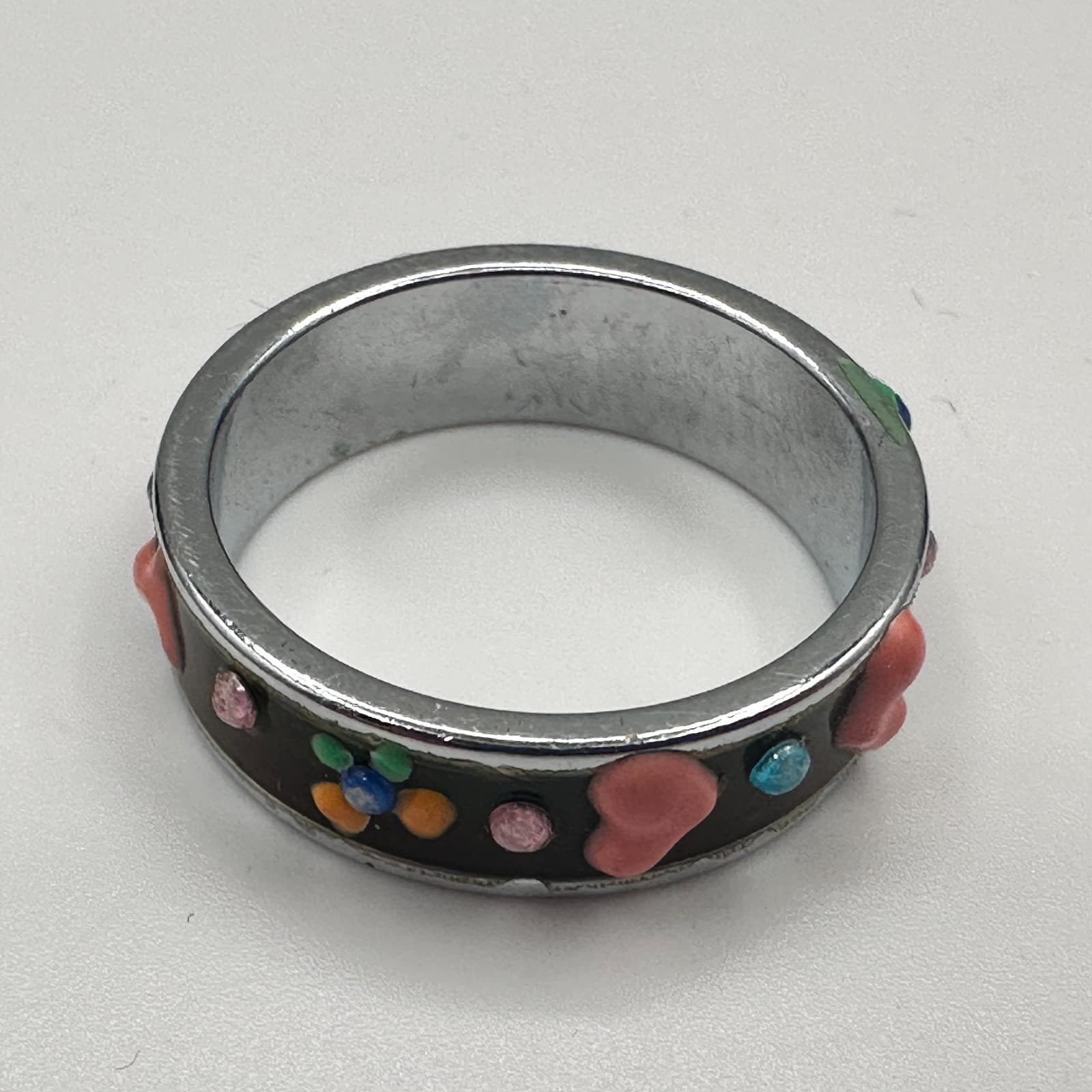 Vintage 90s Y2K Enamel Heart Band Ring Silver Tone Boho Women's Classic Jewelry - Thumbnail 5