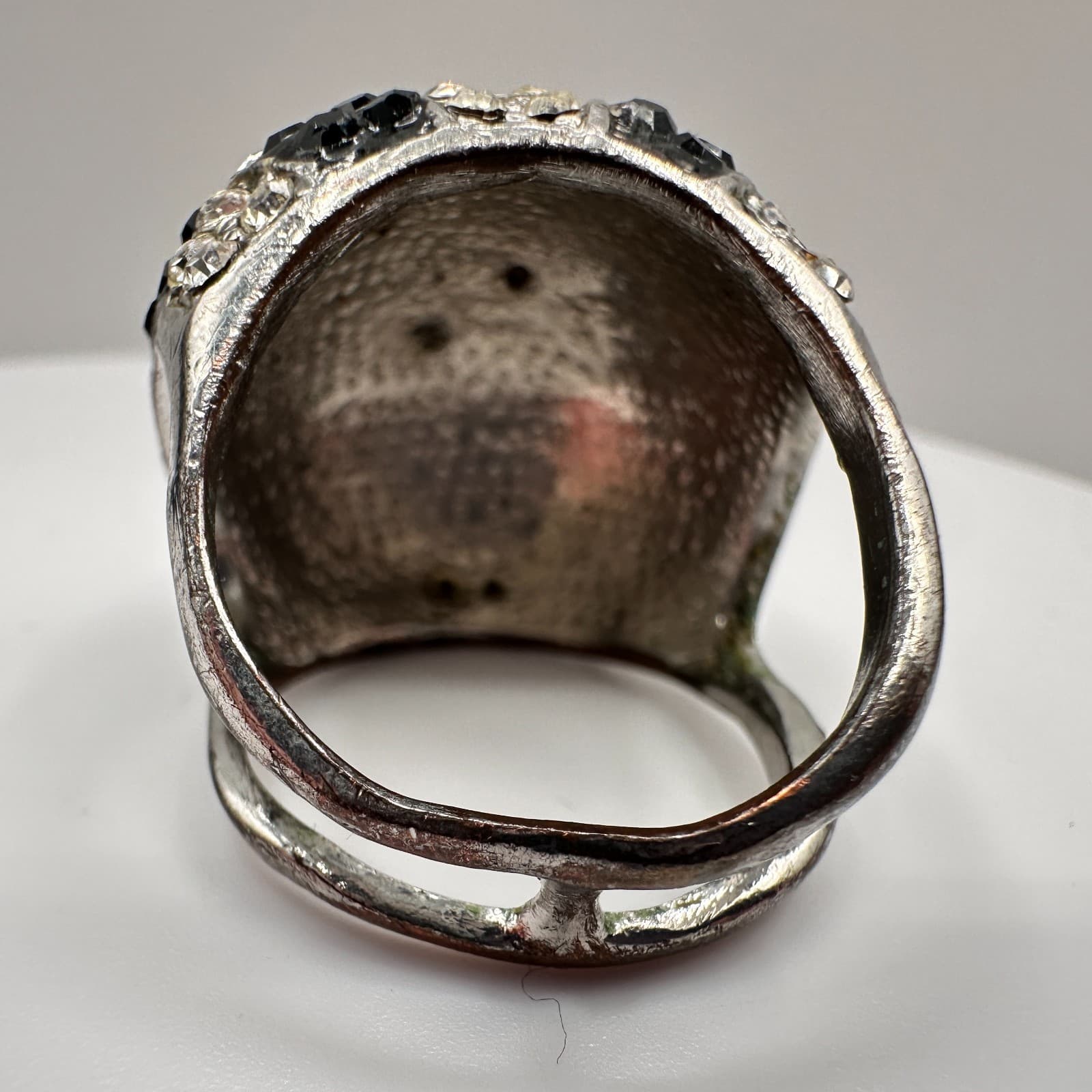 Vintage 90s Checkerboard Dome Ring Silver Tone Black Clear Rhinestone Jewelry - Thumbnail 5