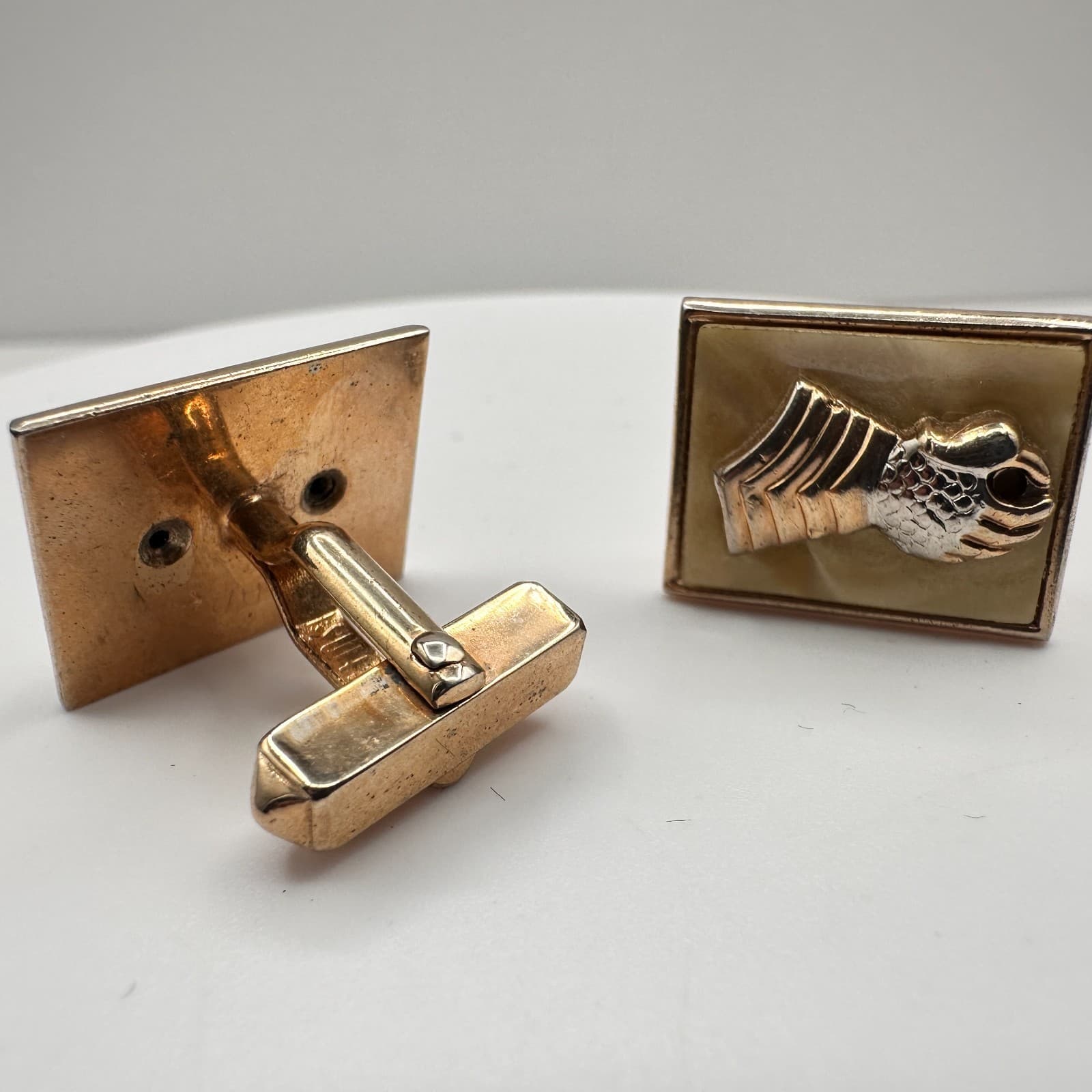 Vintage 80s Military Chevron Fish Tail Gold Tone Cream Rectangular Cufflinks - Thumbnail 6