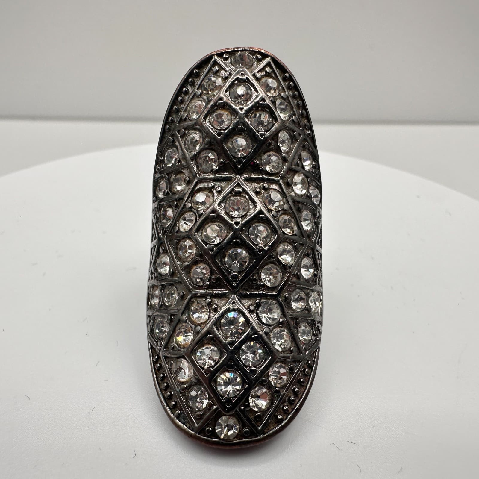 Vintage 90s Clear Glass Rhinestone Statement Geometric Ring Silver Tone Jewelry - Image 1