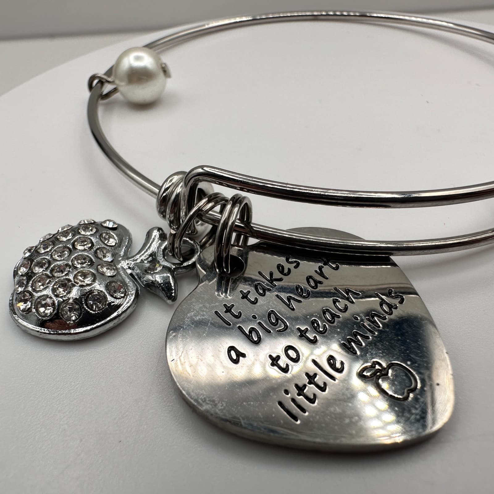 Vintage 90s Silver Tone Teacher Bangle Bracelet Apple Heart Initial M Charm - Thumbnail 3