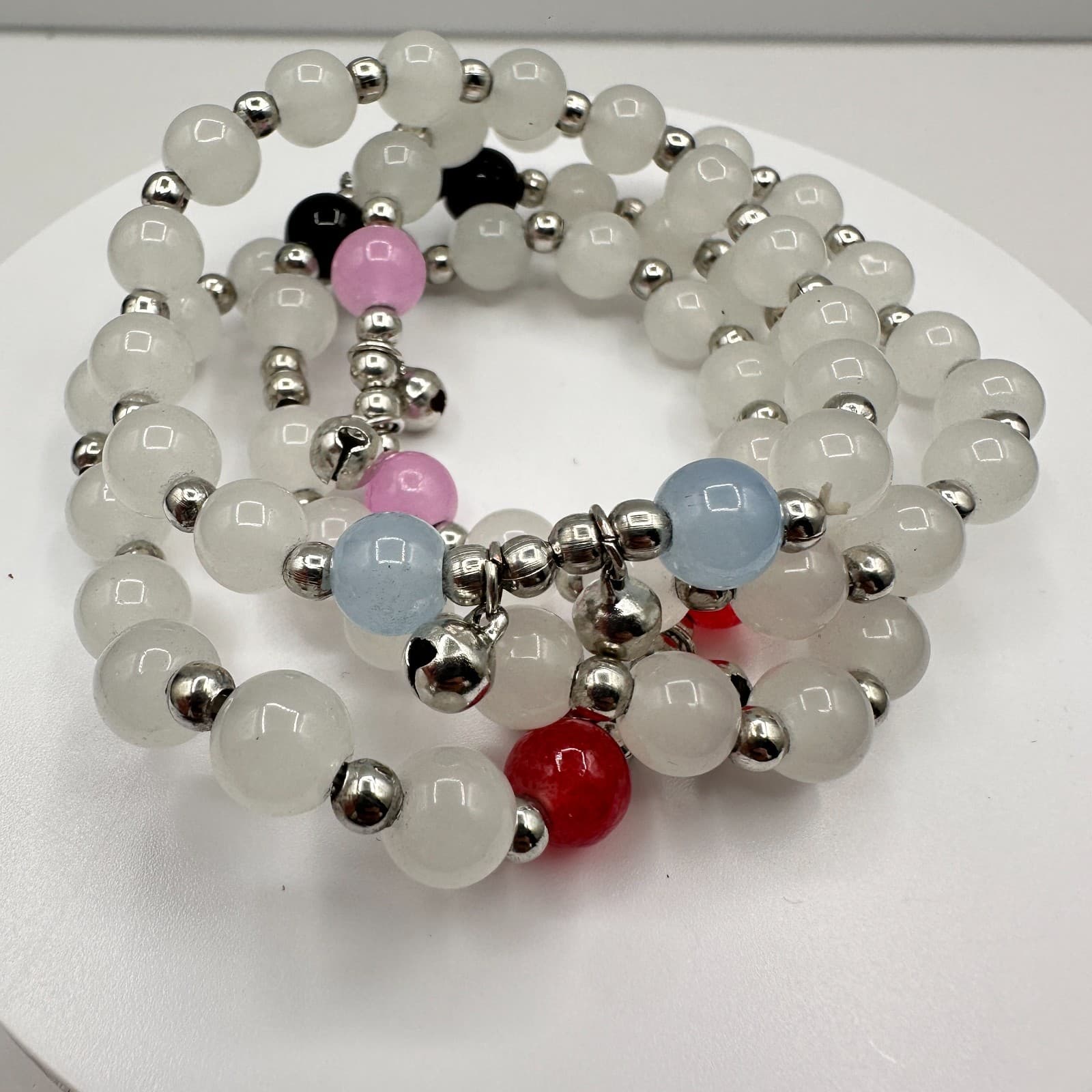 Vintage 90s White Glass Beaded Bracelet Multi Strand Boho Women's Jewelry - Thumbnail 2