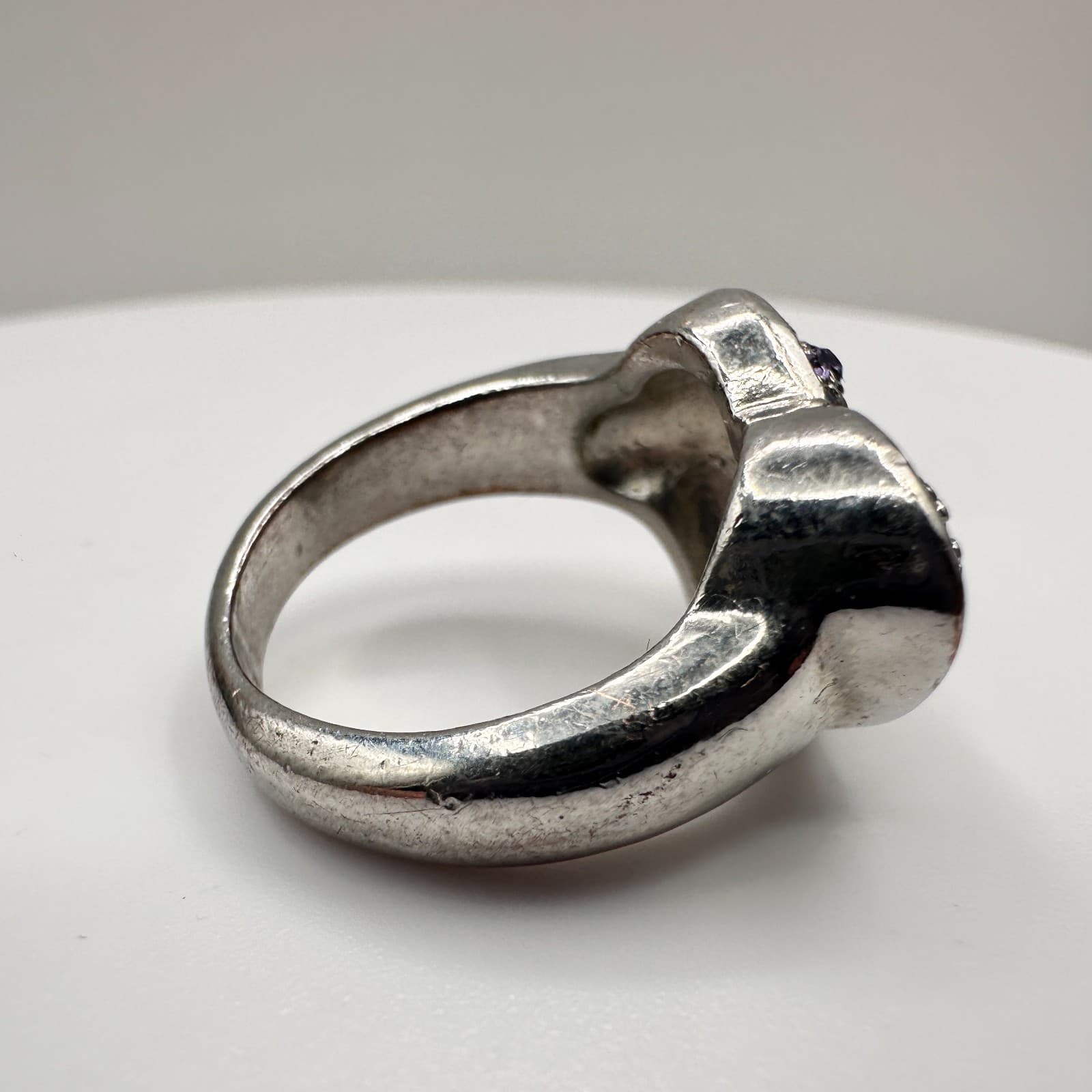 Vintrage 90s Purple Glass Heart Ring Silver Tone Statement Fashion Jewelry - Thumbnail 4