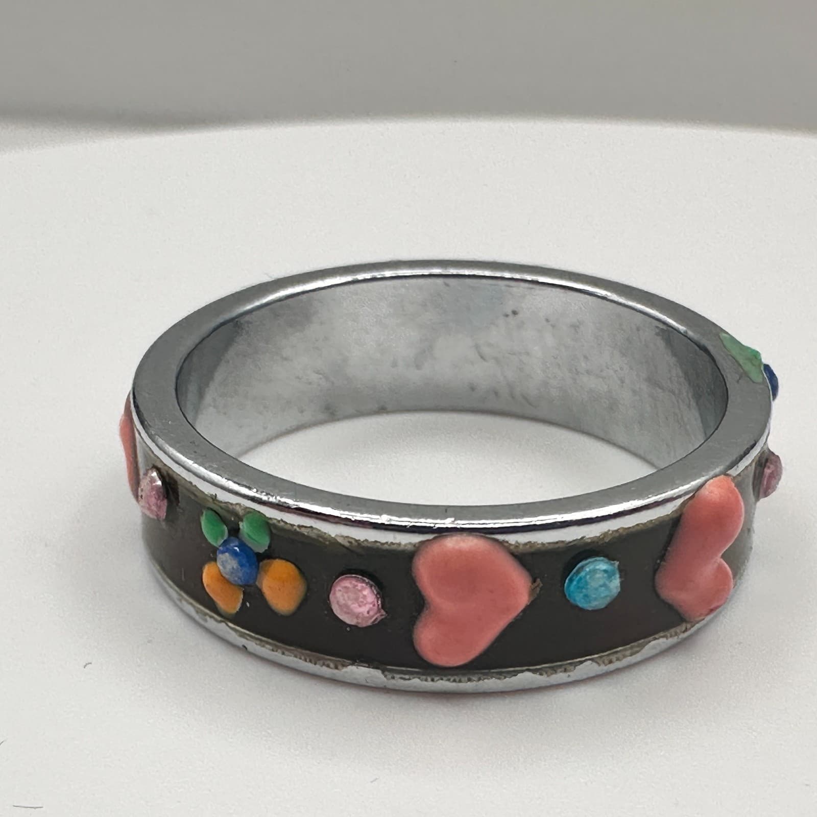 Vintage 90s Y2K Enamel Heart Band Ring Silver Tone Boho Women's Classic Jewelry - Thumbnail 4
