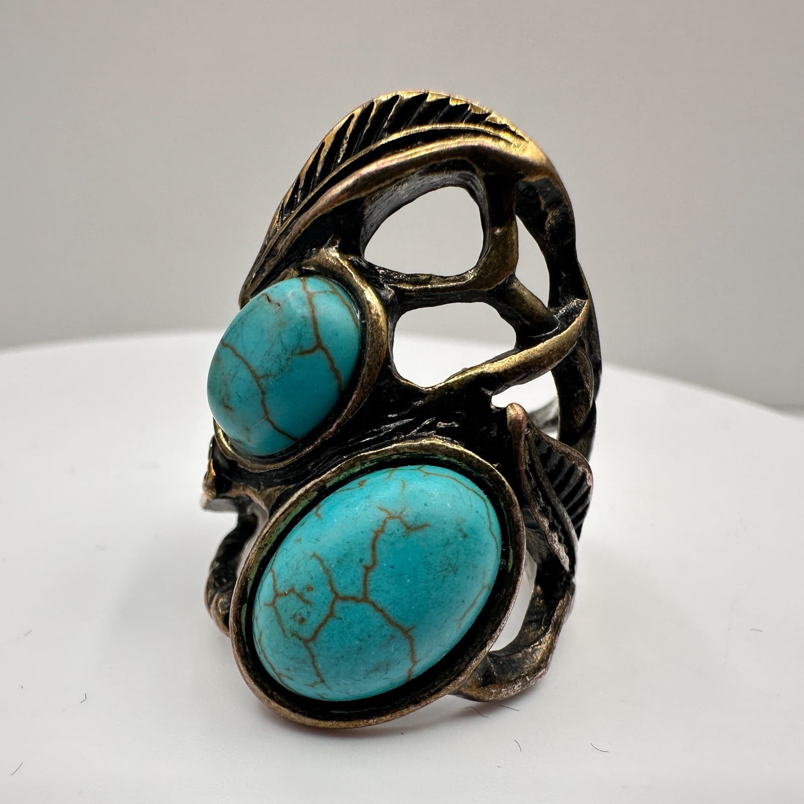 Vintage 90s Southwest Style Statement Ring Blue Faux Turquoise Silver Tone - Thumbnail 5