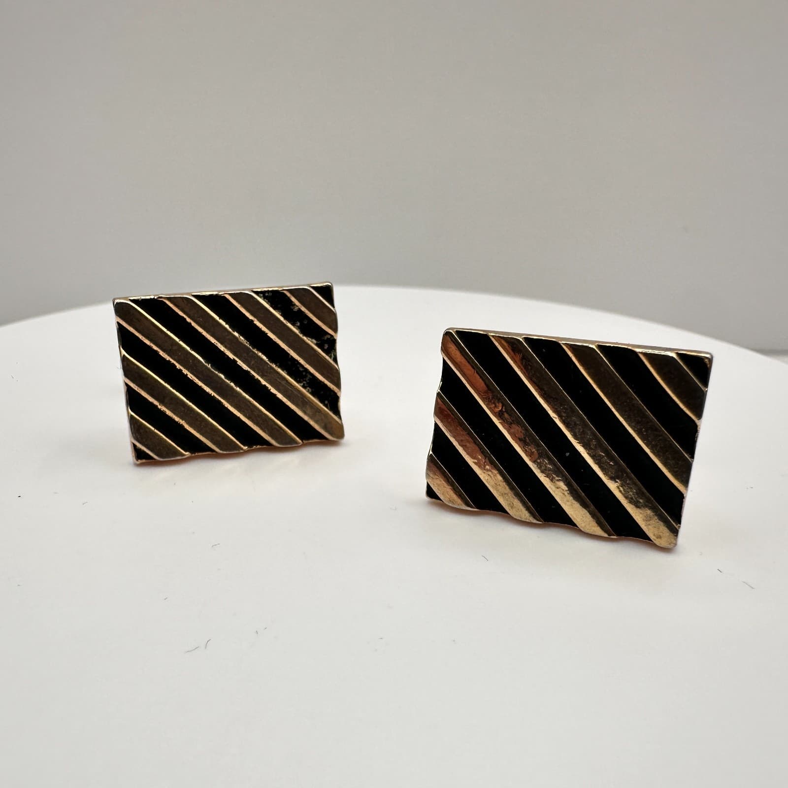 Vintage 80s Gold Tone Black Enamel Striped Geometric Cufflinks Fashion Jewelry - Image 1