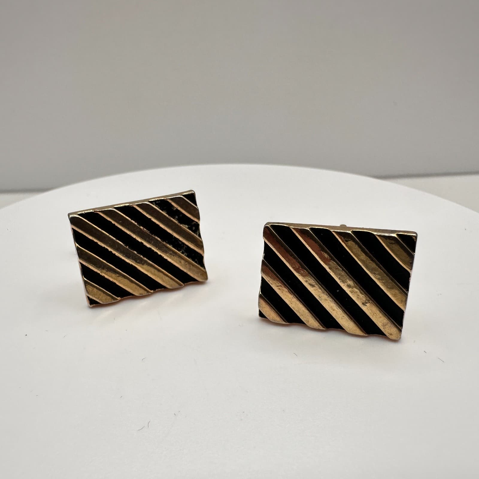 Vintage 80s Gold Tone Black Enamel Striped Geometric Cufflinks Fashion Jewelry - Thumbnail 3
